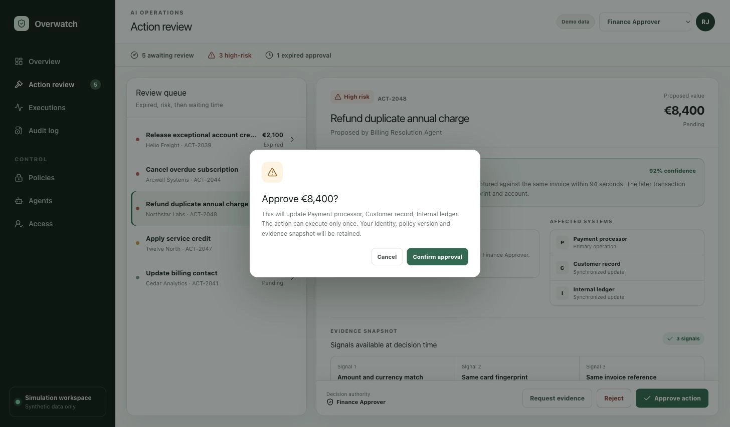 The Approve 8,400 euro dialog naming the payment processor, customer record and internal ledger, and stating the action can execute only once