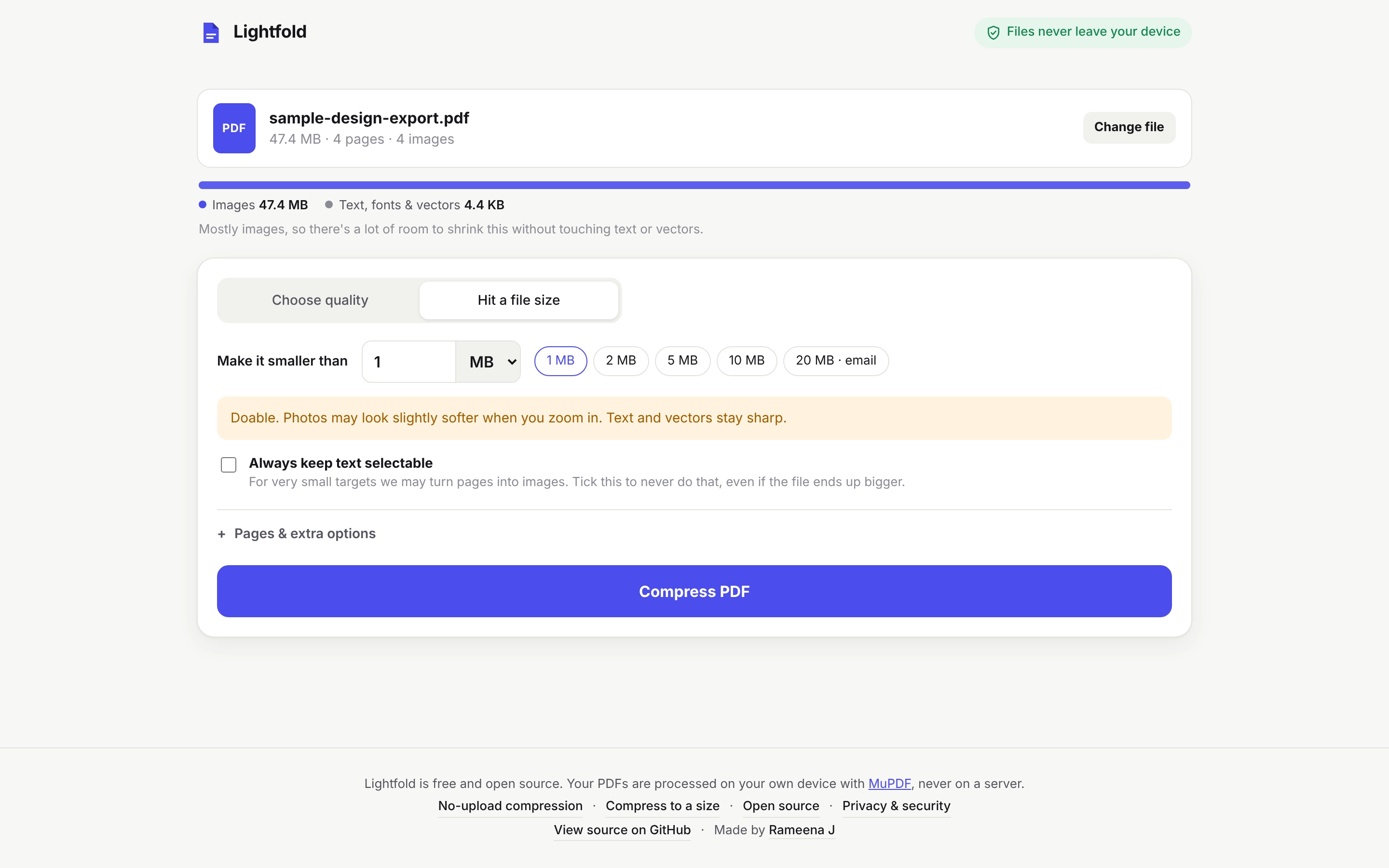 Hit a file size mode with a target size field, quick size options and a warning about the quality cost