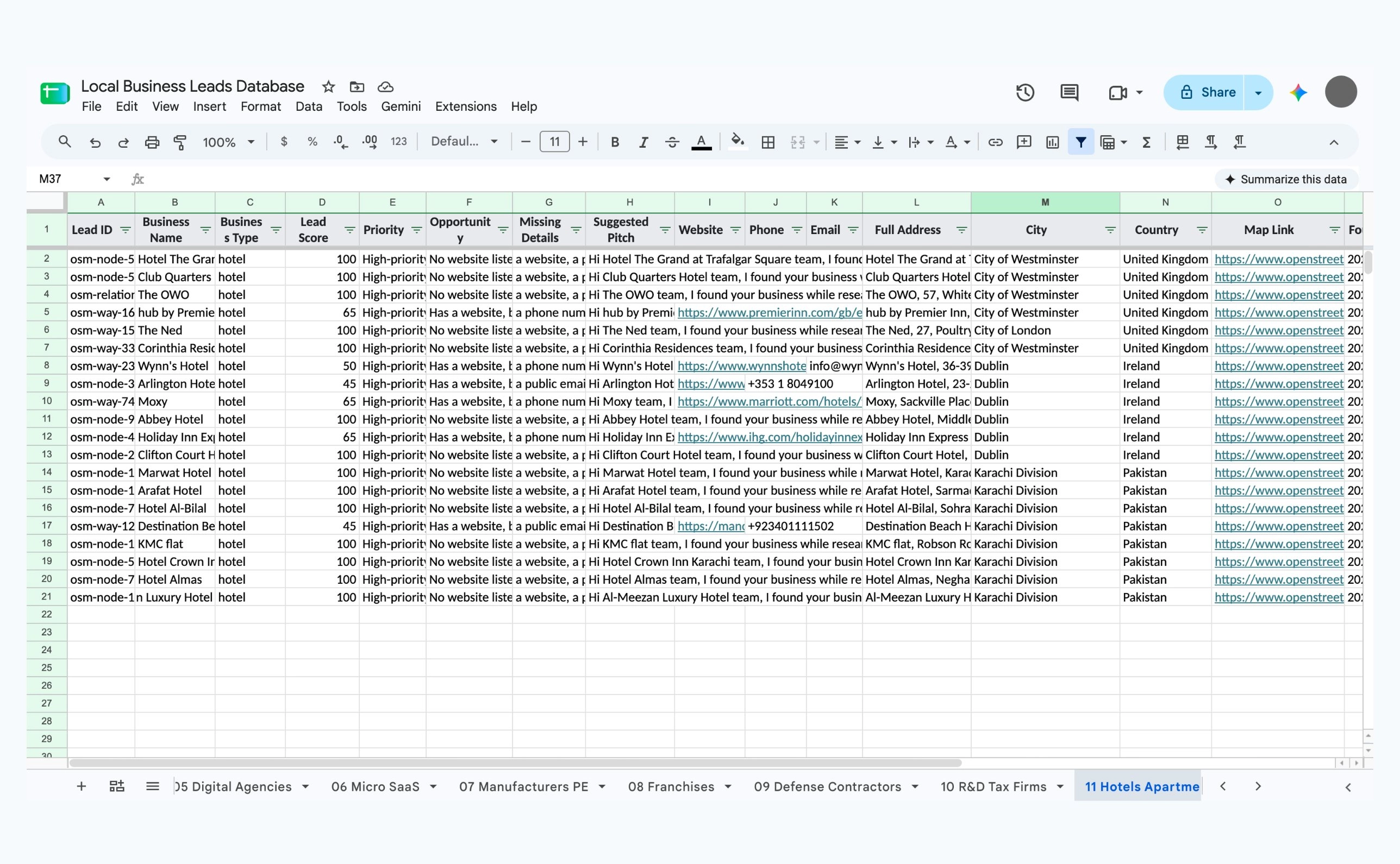 The Hotels and Apartments niche sheet with UK, Ireland and Pakistan hotels, their scores and contact details, and the niche tabs along the bottom