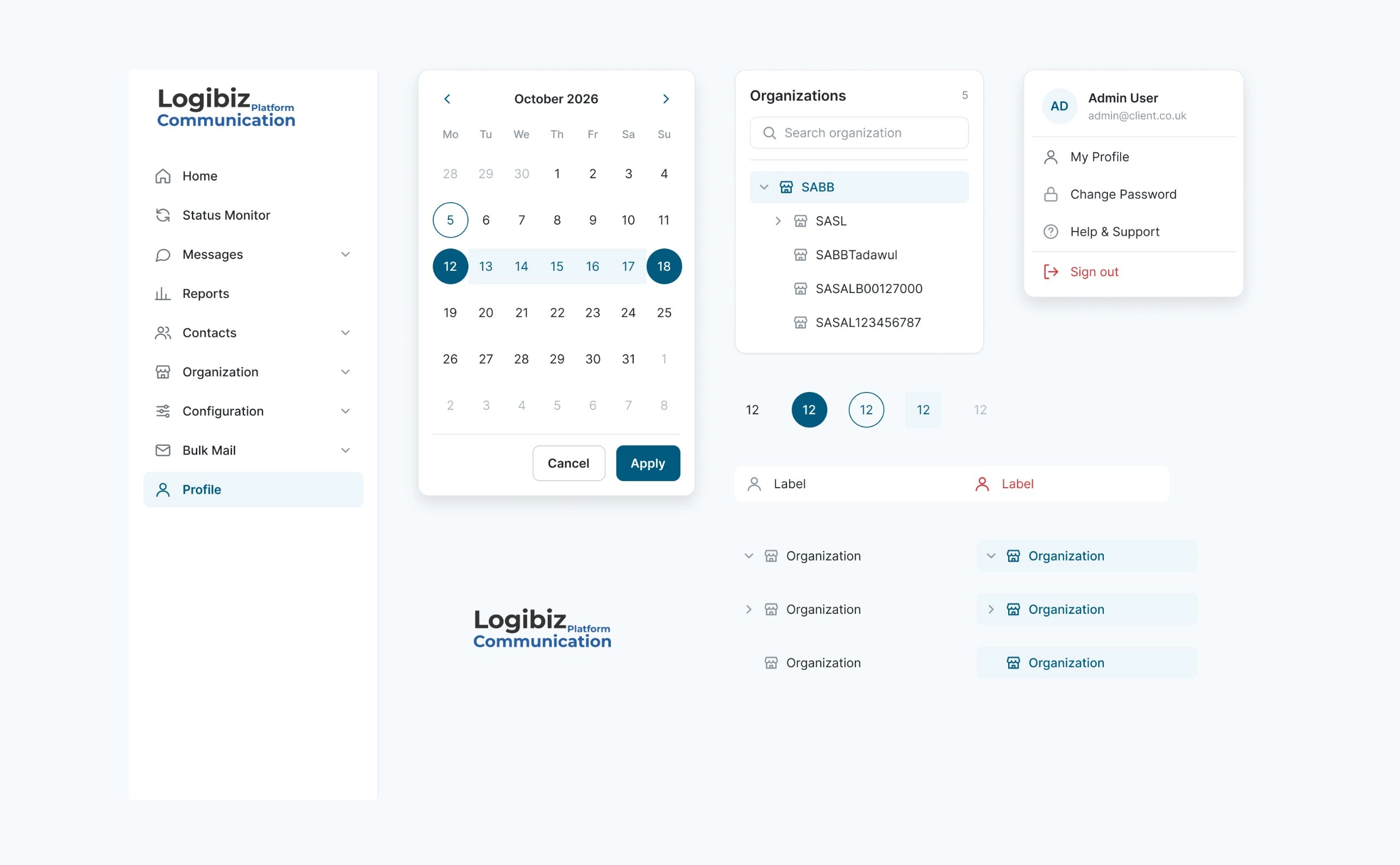 Shared patterns across both portals: the Client Portal sidebar, the date range picker, the organisation tree and the profile menu
