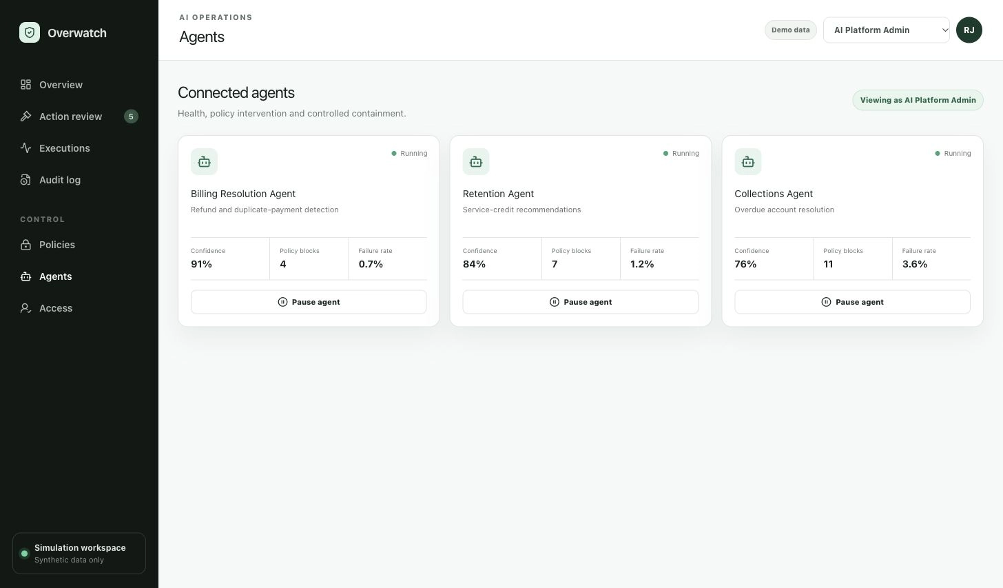 Connected agents with confidence, policy blocks and failure rate for each agent, and a pause control