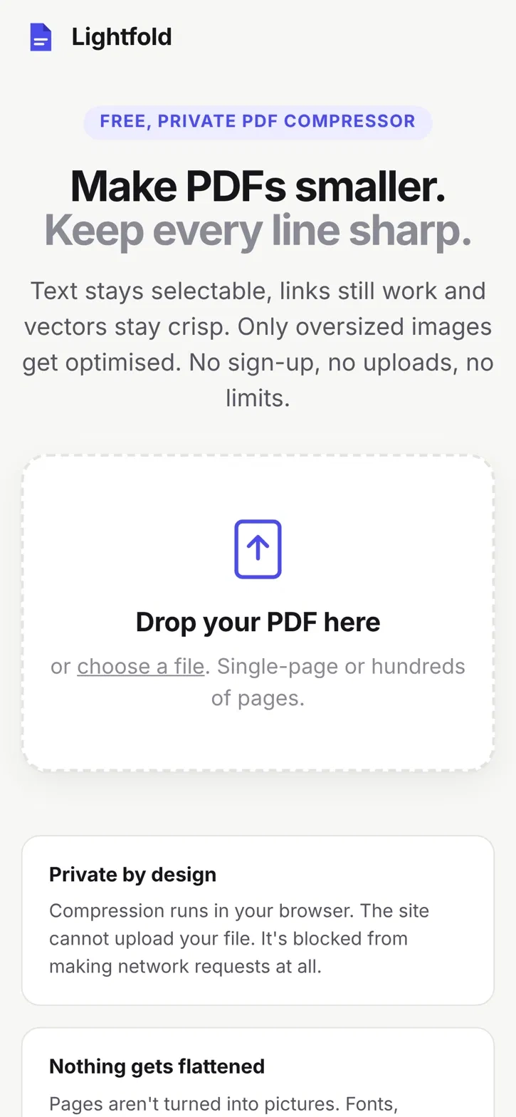 Lightfold landing page on a phone, with the drop area and the Private by design card