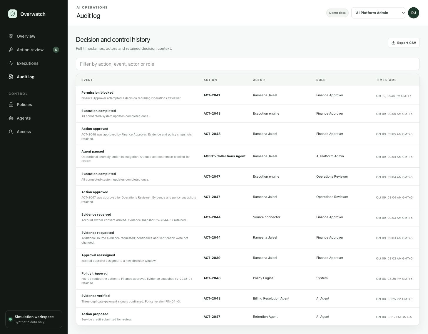 The audit history with event, action, actor, role and timestamp for each decision, a filter field and an Export CSV button