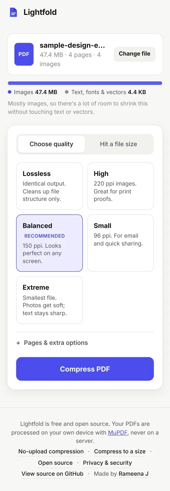 Quality presets on a phone, stacked in two columns with Balanced selected