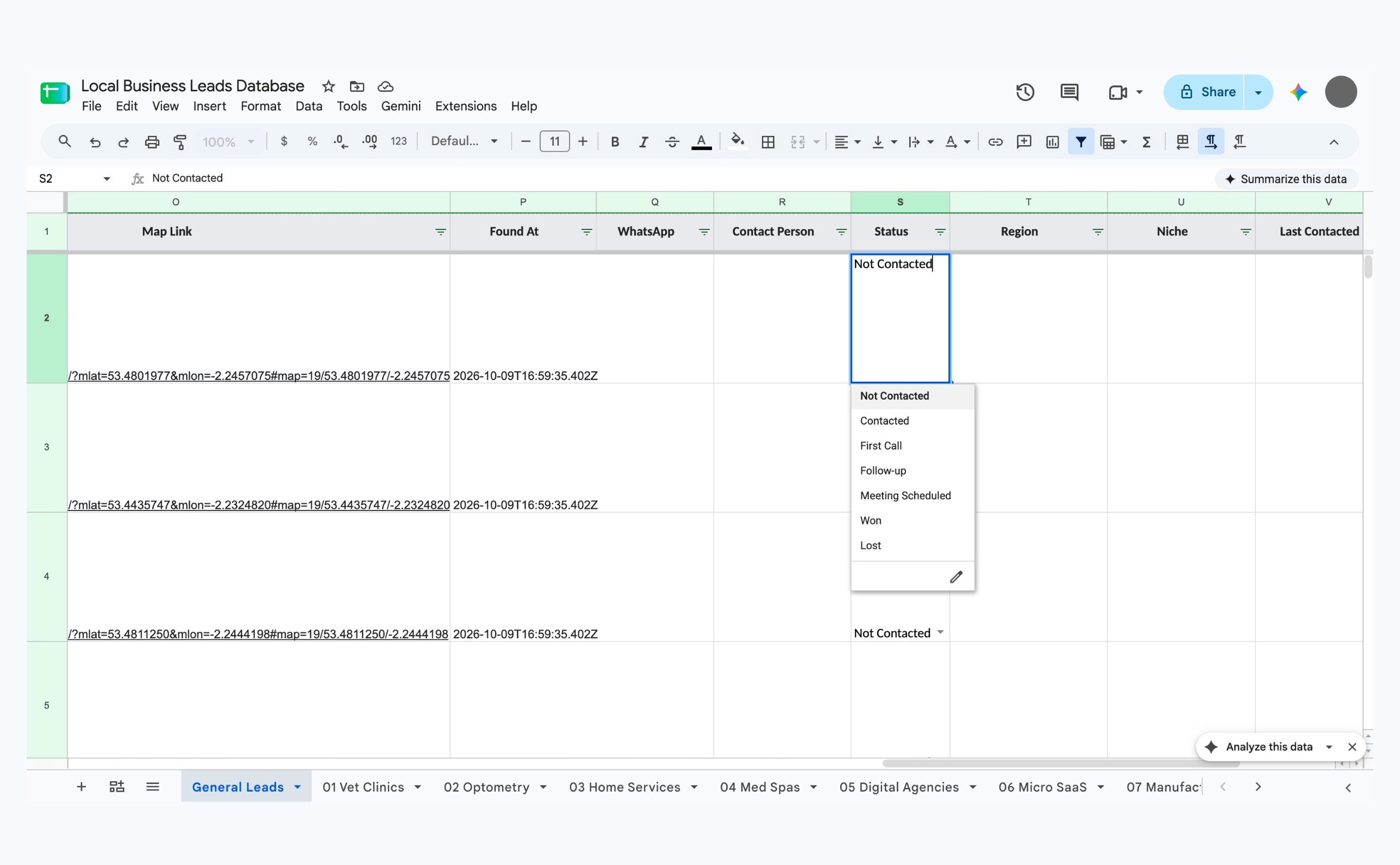 The Status column open in Google Sheets showing the Not Contacted, Contacted, First Call, Follow-up, Meeting Scheduled, Won and Lost options