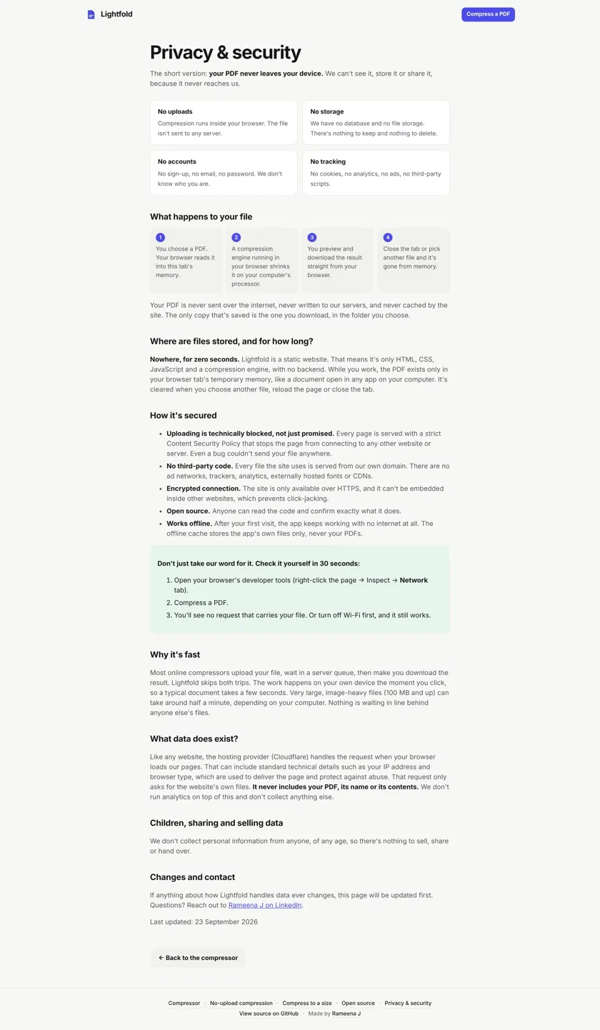 Privacy and security page explaining no uploads, no storage, no accounts and no tracking, with a 30 second check anyone can run