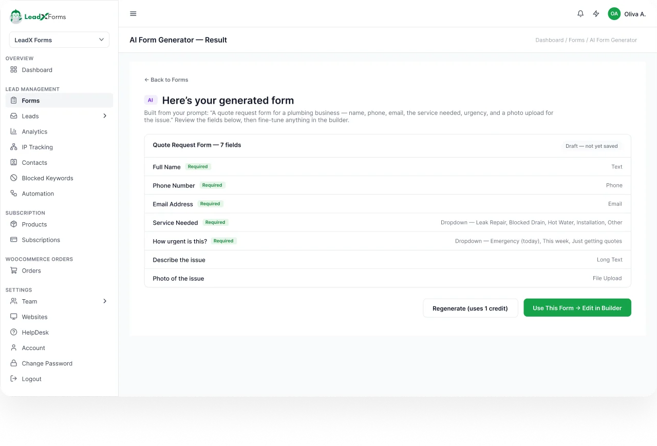 The AI form generator result: a drafted form to use or discard