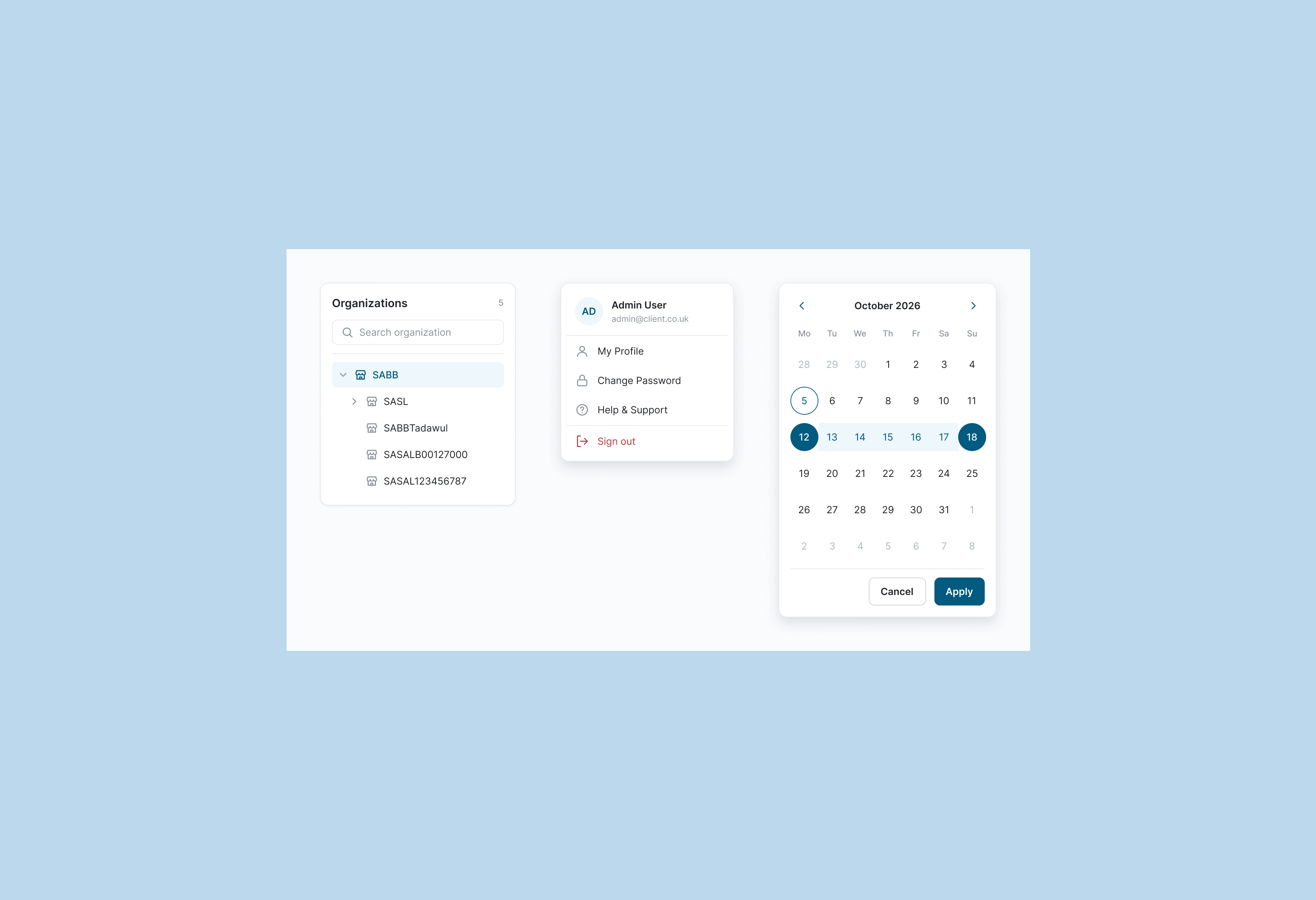 Client dashboard components: the Organizations tree with search, the admin profile menu, and the date range picker