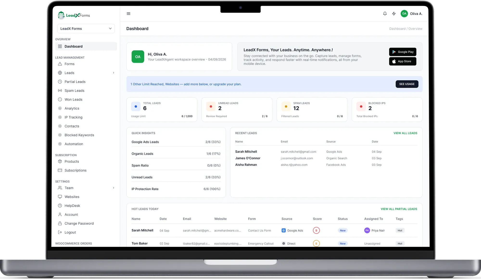 LeadXForms dashboard