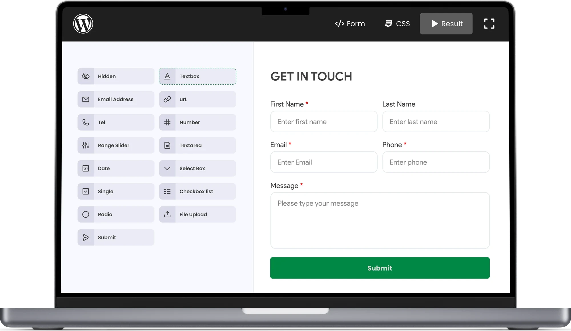 The V1.0 WordPress form builder on a laptop