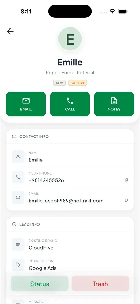 The LeadXForms mobile app lead detail with Email, Call and Notes buttons
