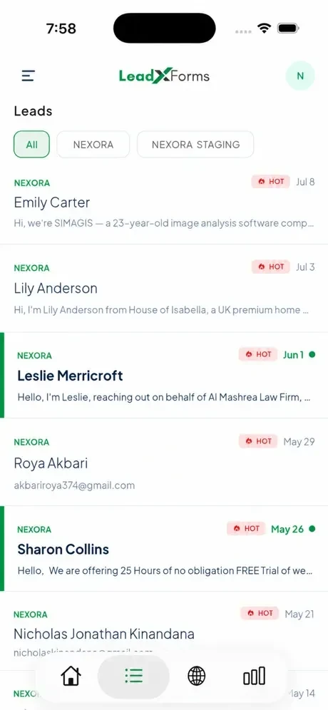 The LeadXForms mobile app leads list with HOT badges