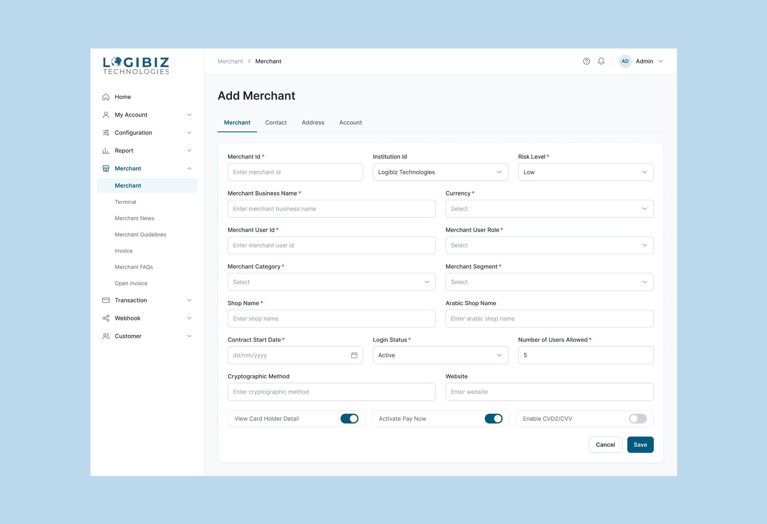 Add Merchant form on the Merchant tab, with Merchant, Contact, Address and Account tabs across the top