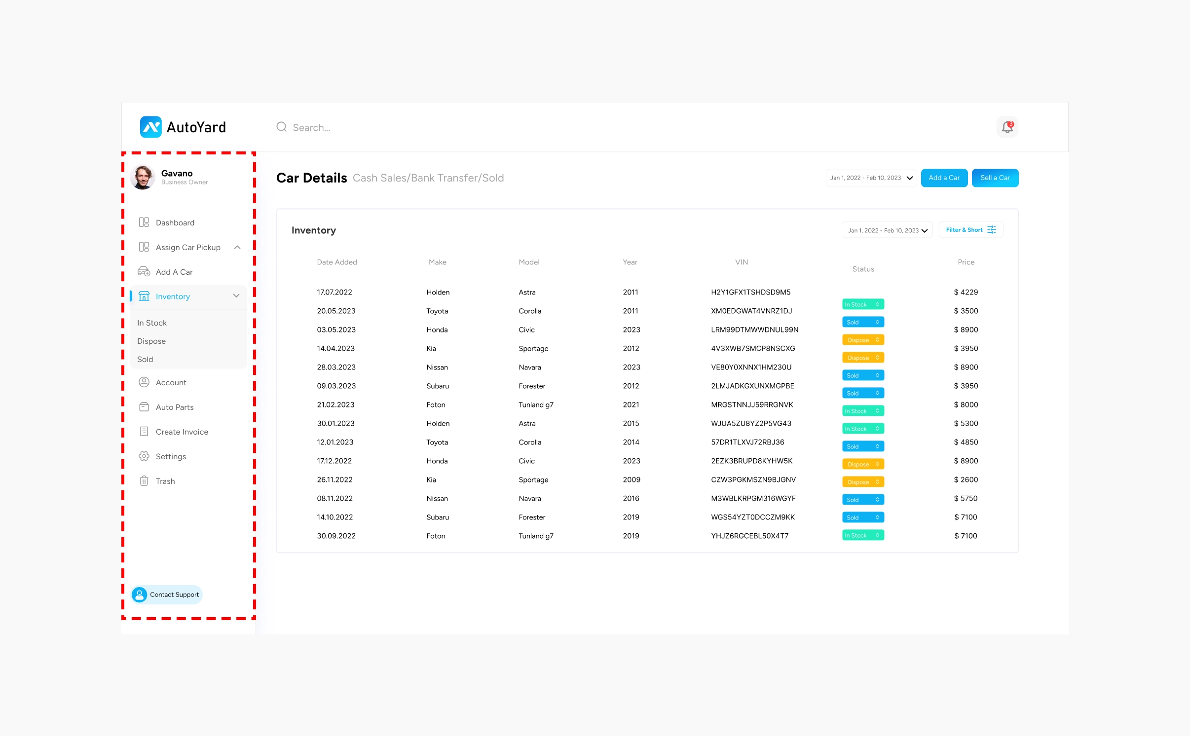 AutoYard Inventory page with the sidebar outlined, Dashboard, Assign Car Pickup, Add A Car and Inventory with In Stock, Dispose and Sold, then Account, Auto Parts, Create Invoice, Settings and Trash