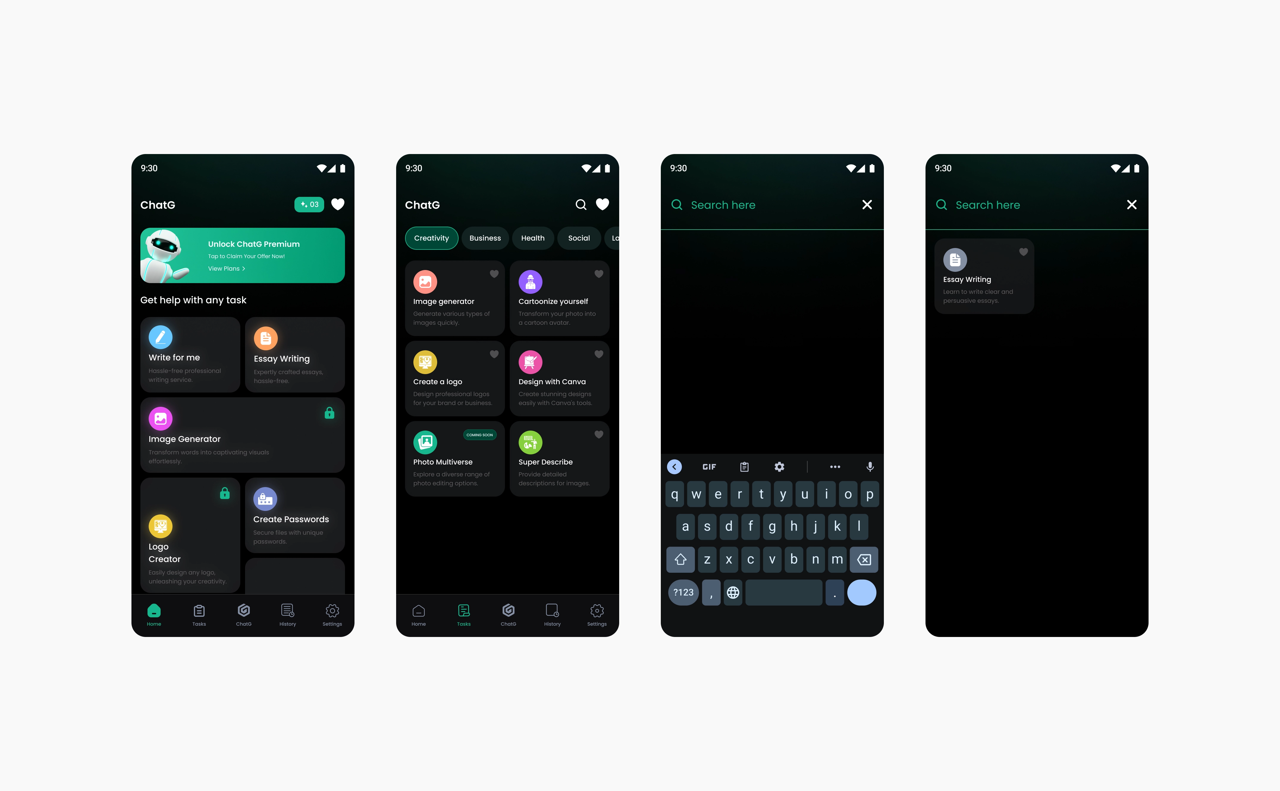 ChatG Home with task cards and locked premium cards, the Tasks tab with category pills, and task search with a keyboard and a result
