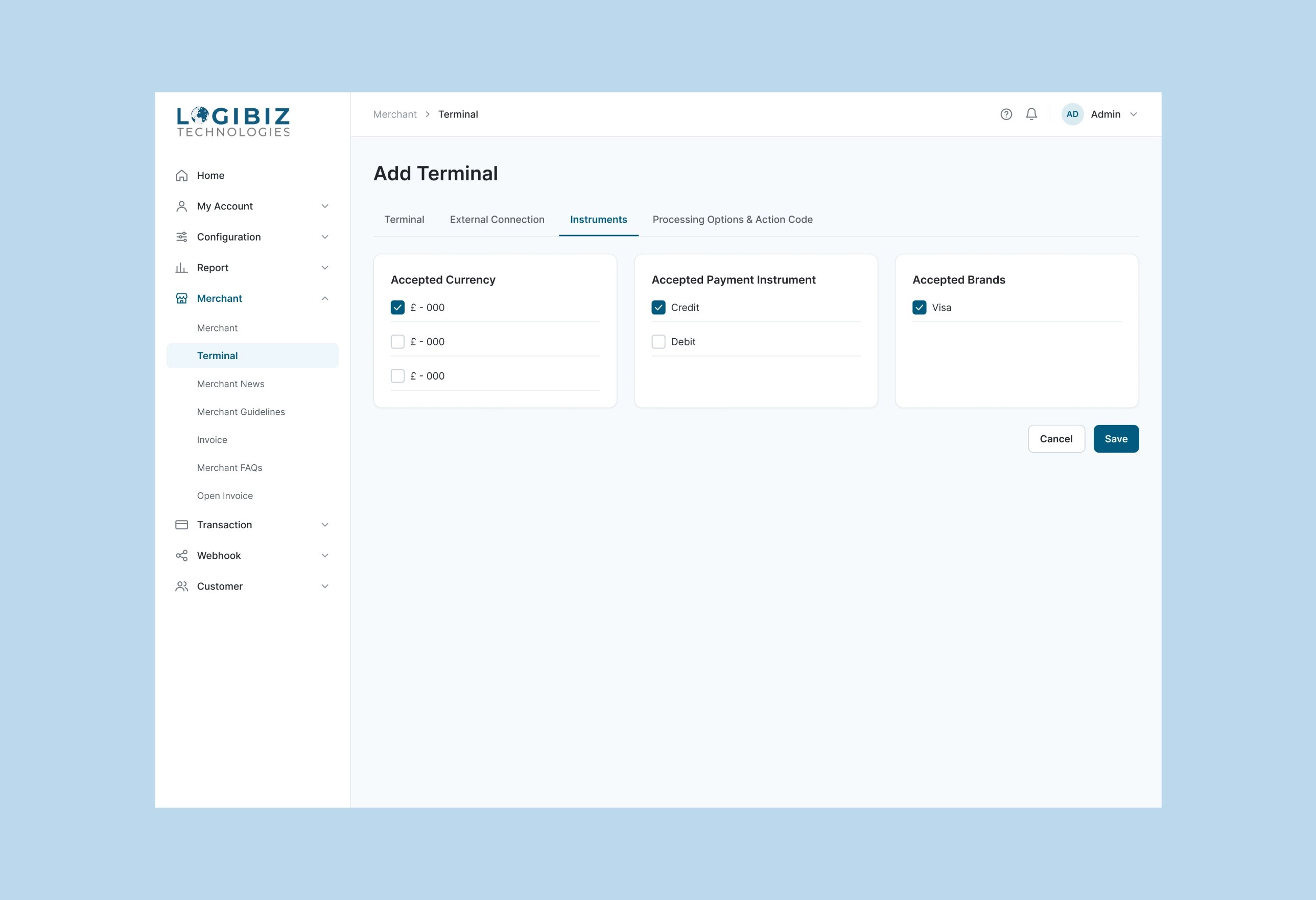 Add Terminal Instruments tab with Accepted Currency, Accepted Payment Instrument and Accepted Brands checkbox cards