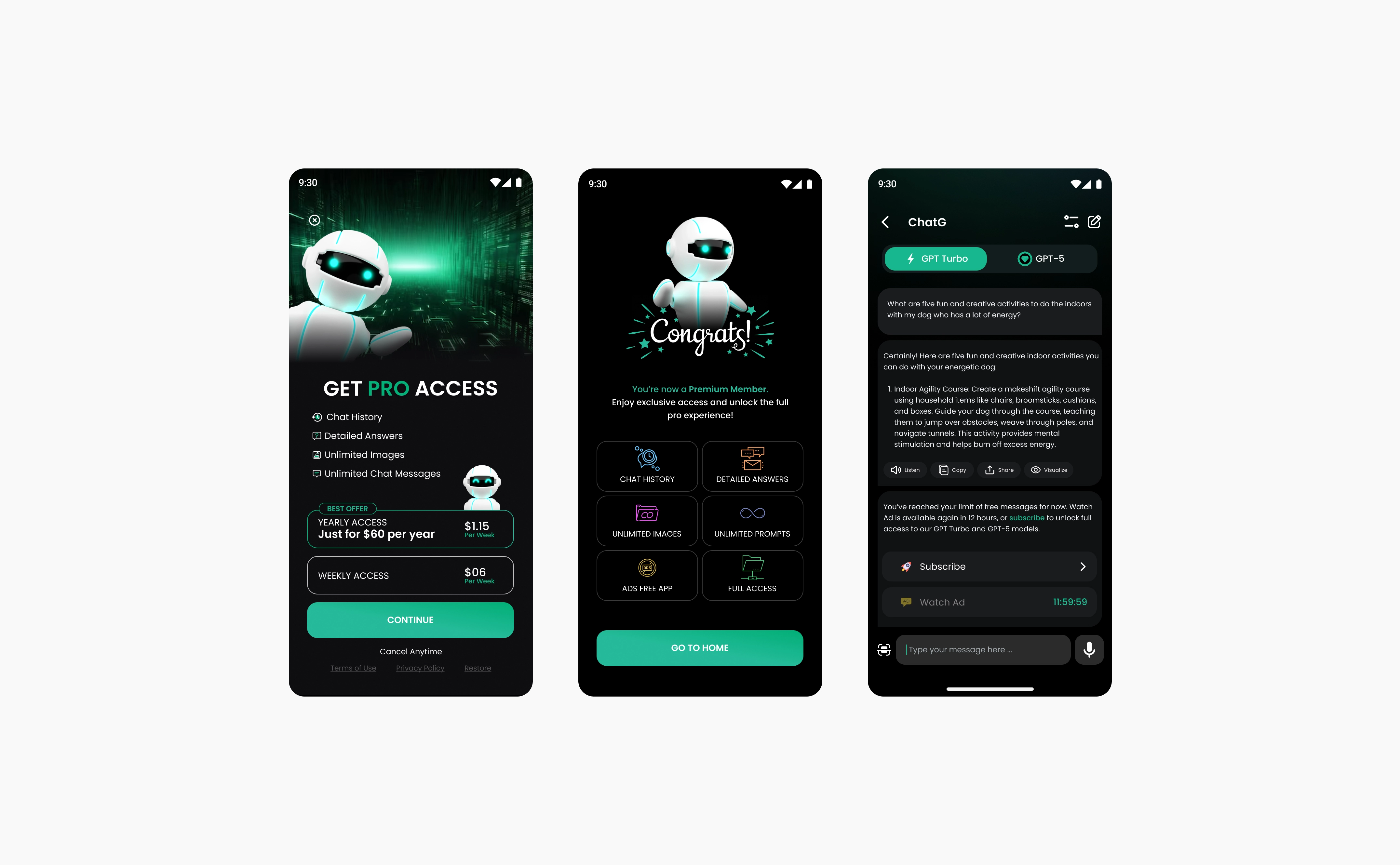 ChatG Get PRO Access plans, the Congrats premium member screen, and the chat with the free message limit reached, with Subscribe and Watch Ad options