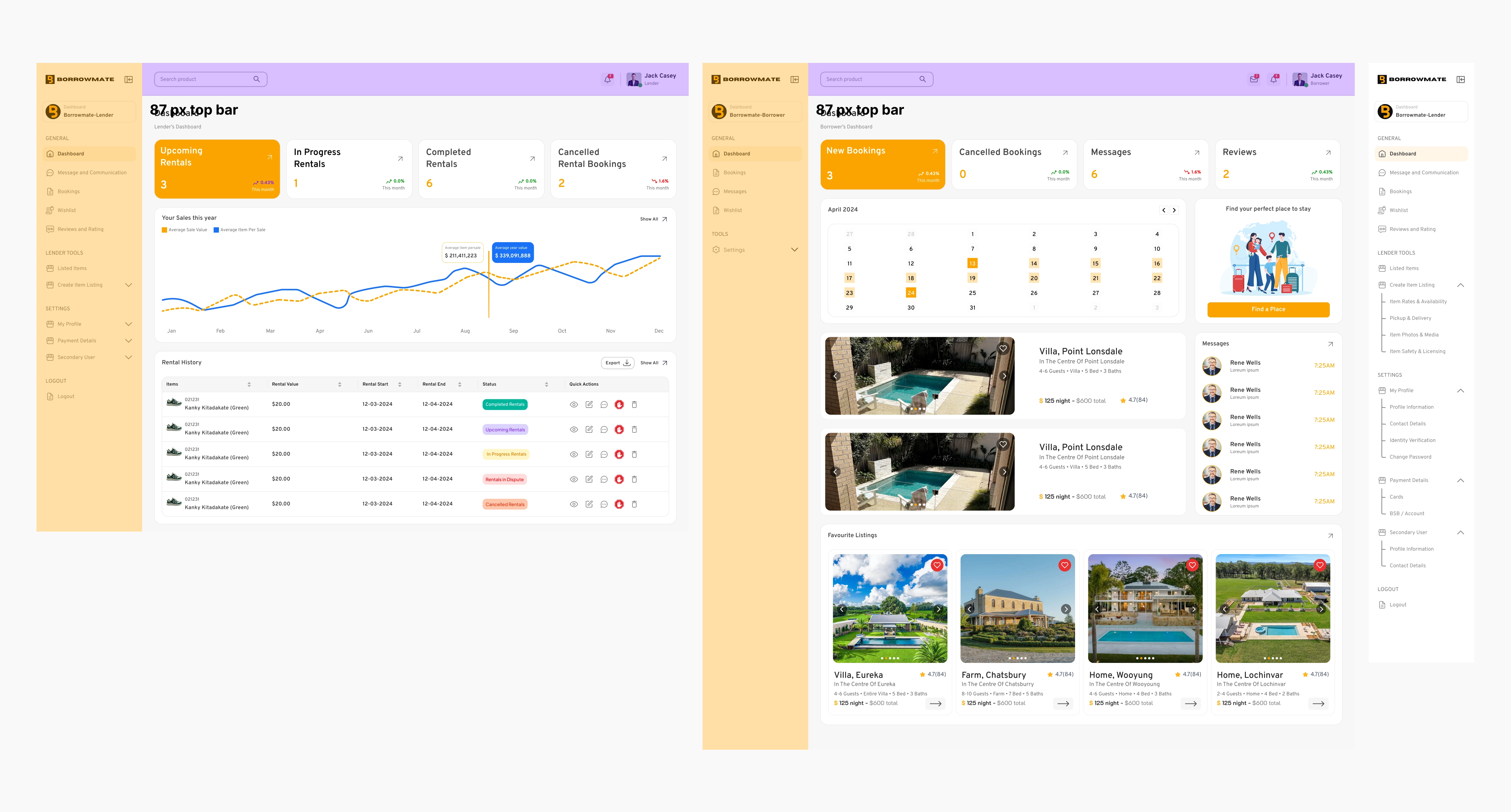 Lender dashboard, Borrower dashboard and the shared sidebar menu side by side, all using the same page shell