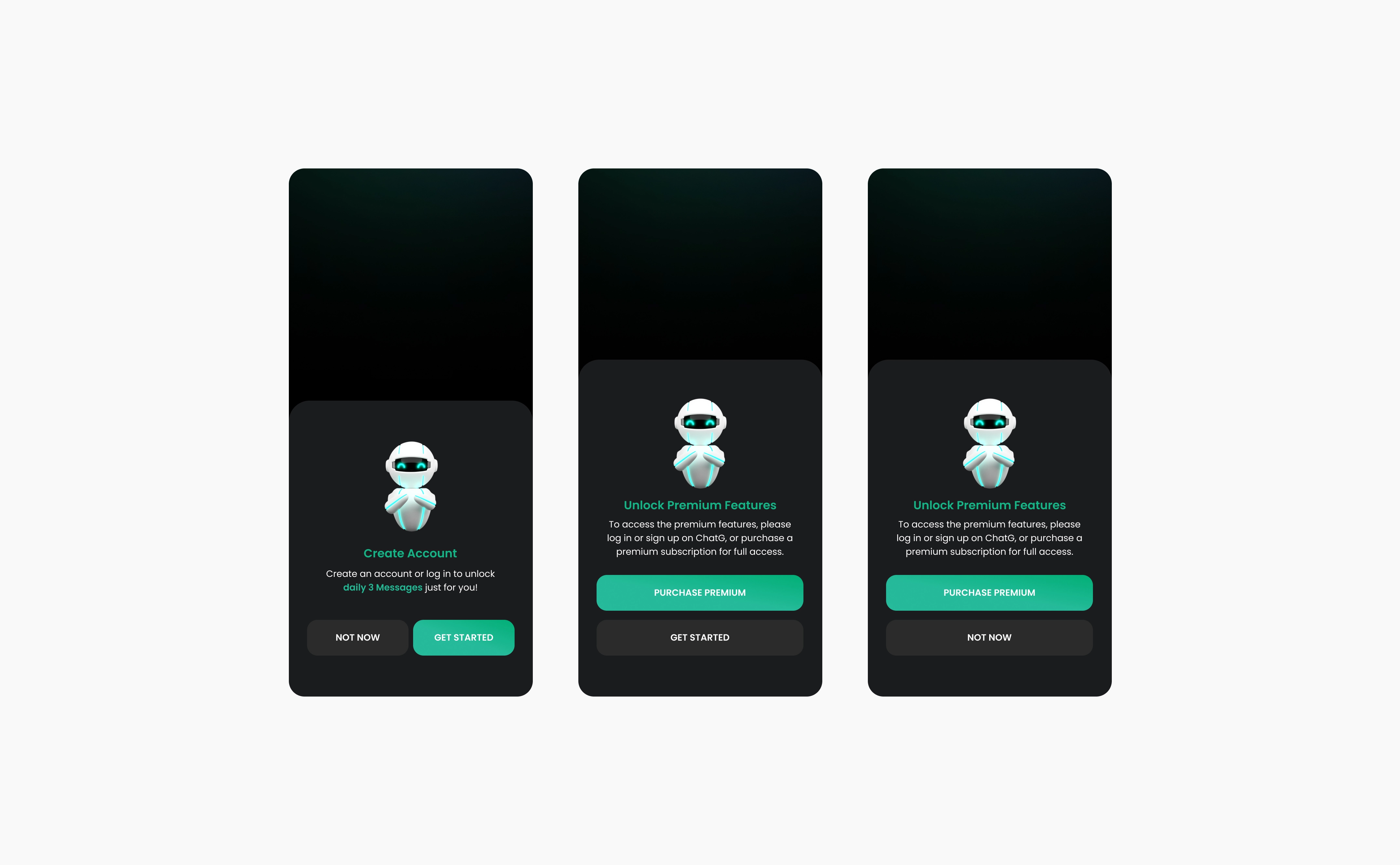 ChatG dialogs for guests: Create Account with Not Now and Get Started, and Unlock Premium Features with Purchase Premium