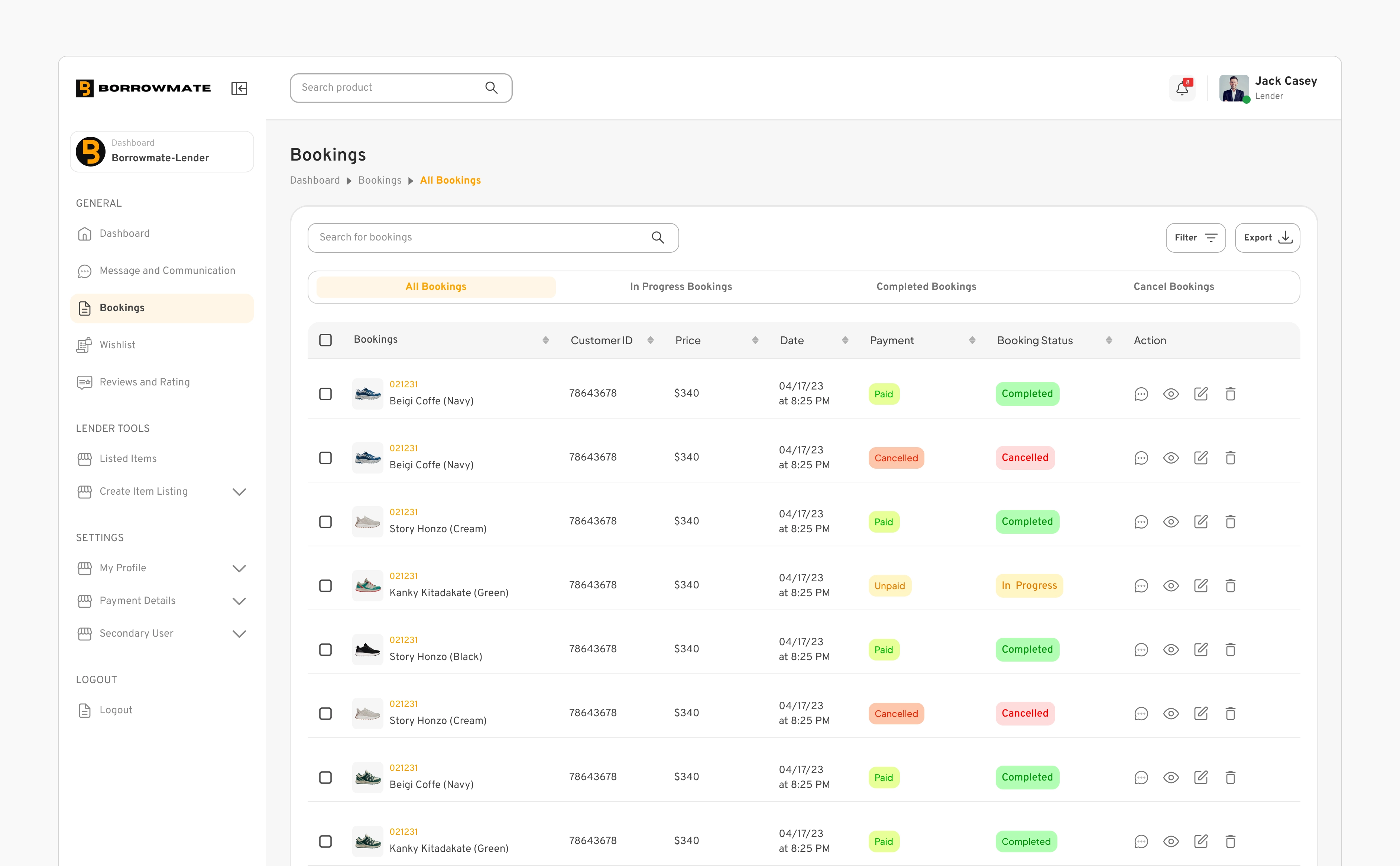 Lender Bookings page, an All Bookings table with Payment (Paid, Unpaid, Cancelled) and Booking Status (Completed, In Progress, Cancelled) badges