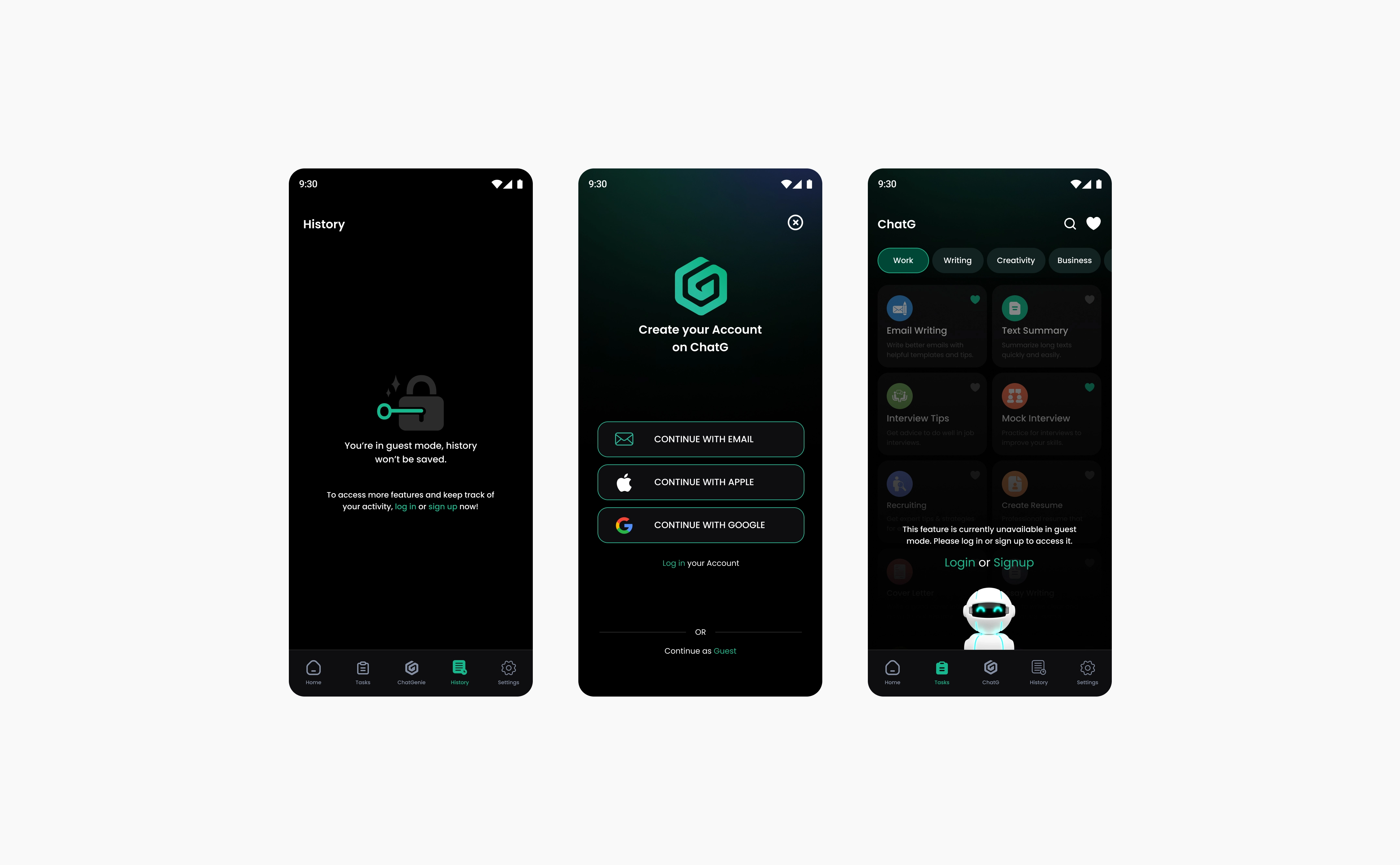 ChatG guest mode: History locked with a guest mode message, the Create your Account screen with email, Apple and Google options, and the Tasks screen with a feature unavailable in guest mode message