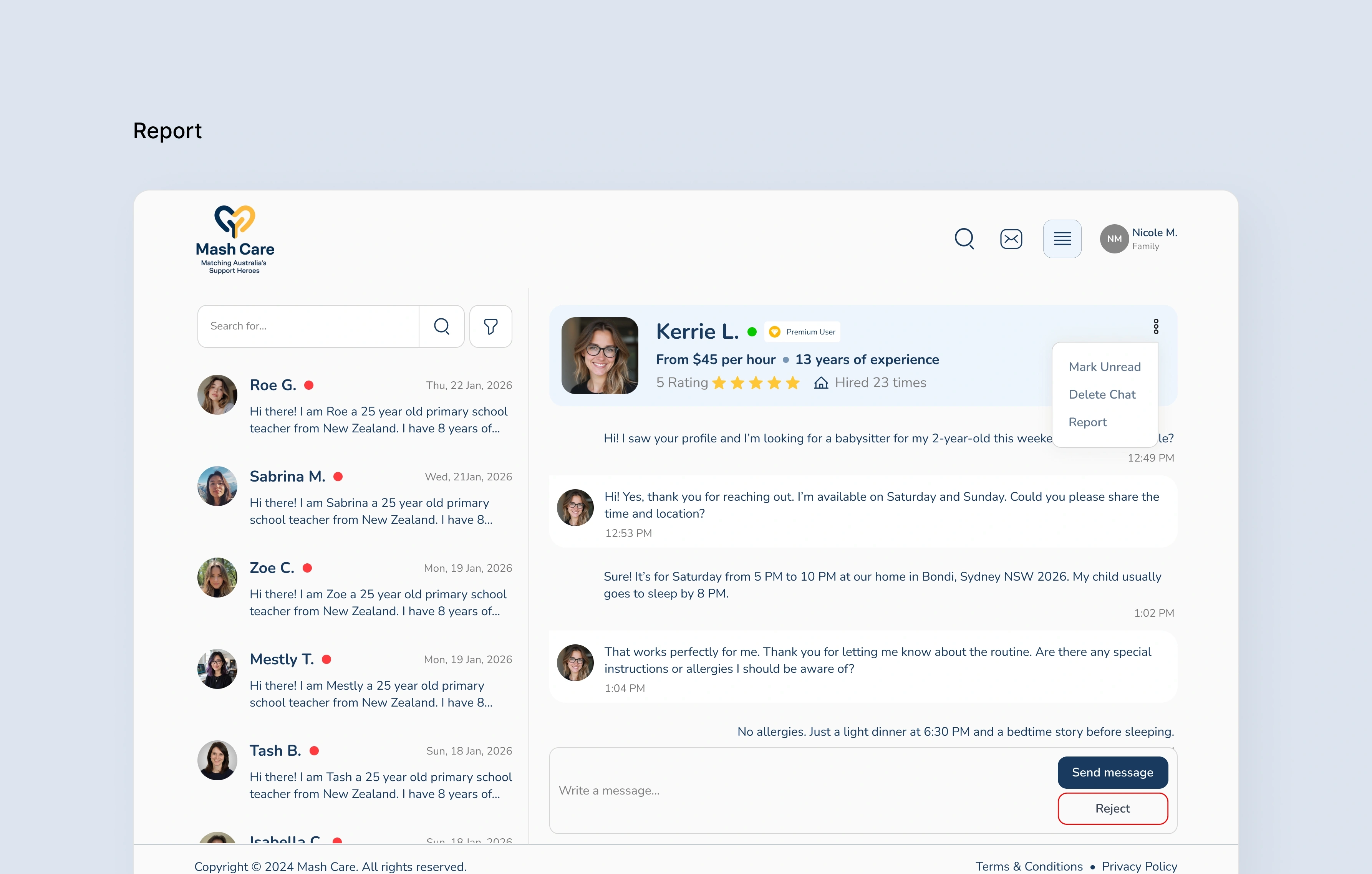 Chat conversation with the Report option open in the message menu, next to Mark Unread and Delete Chat