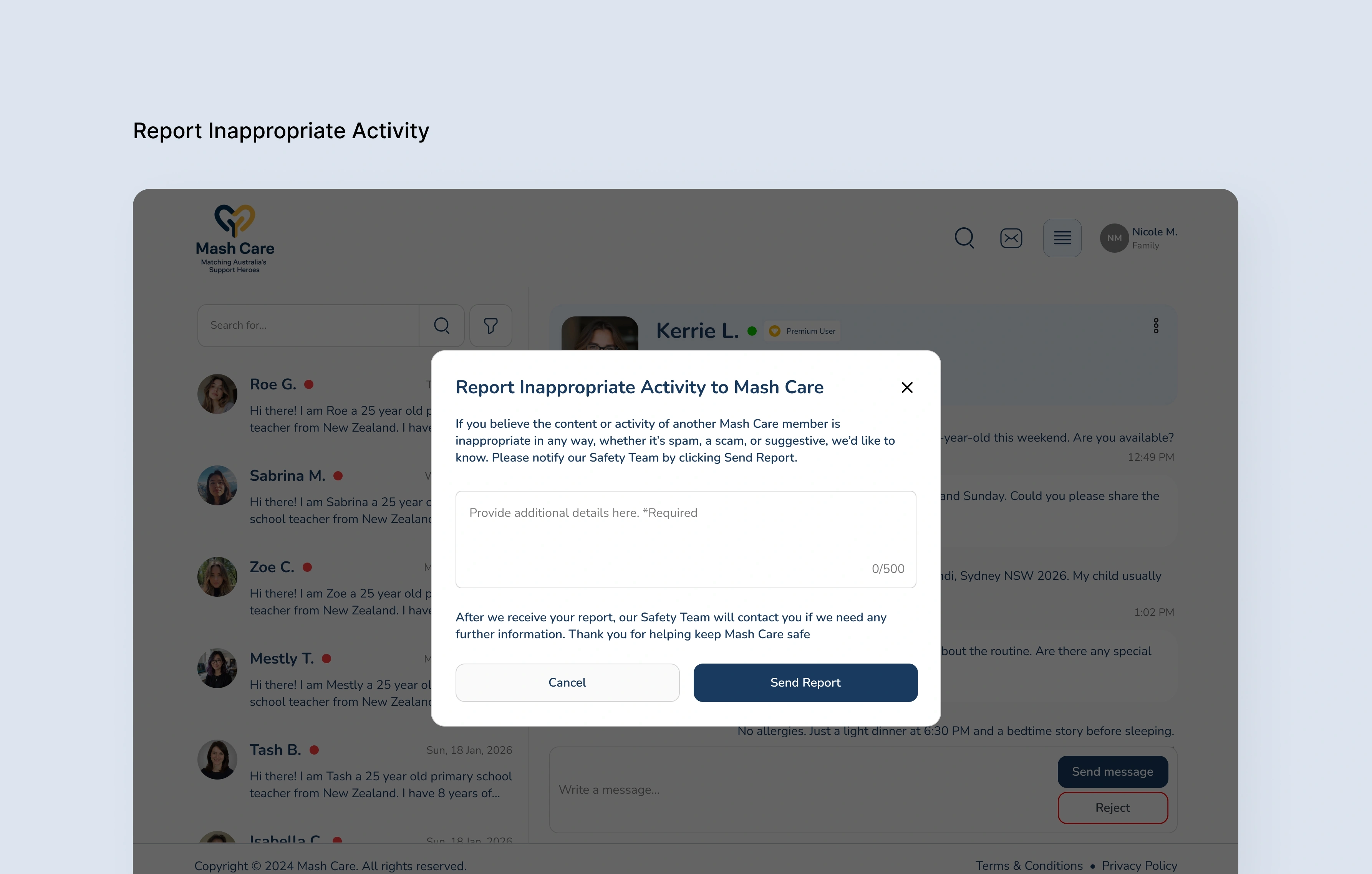 Report Inappropriate Activity modal with a details field and a Send Report button