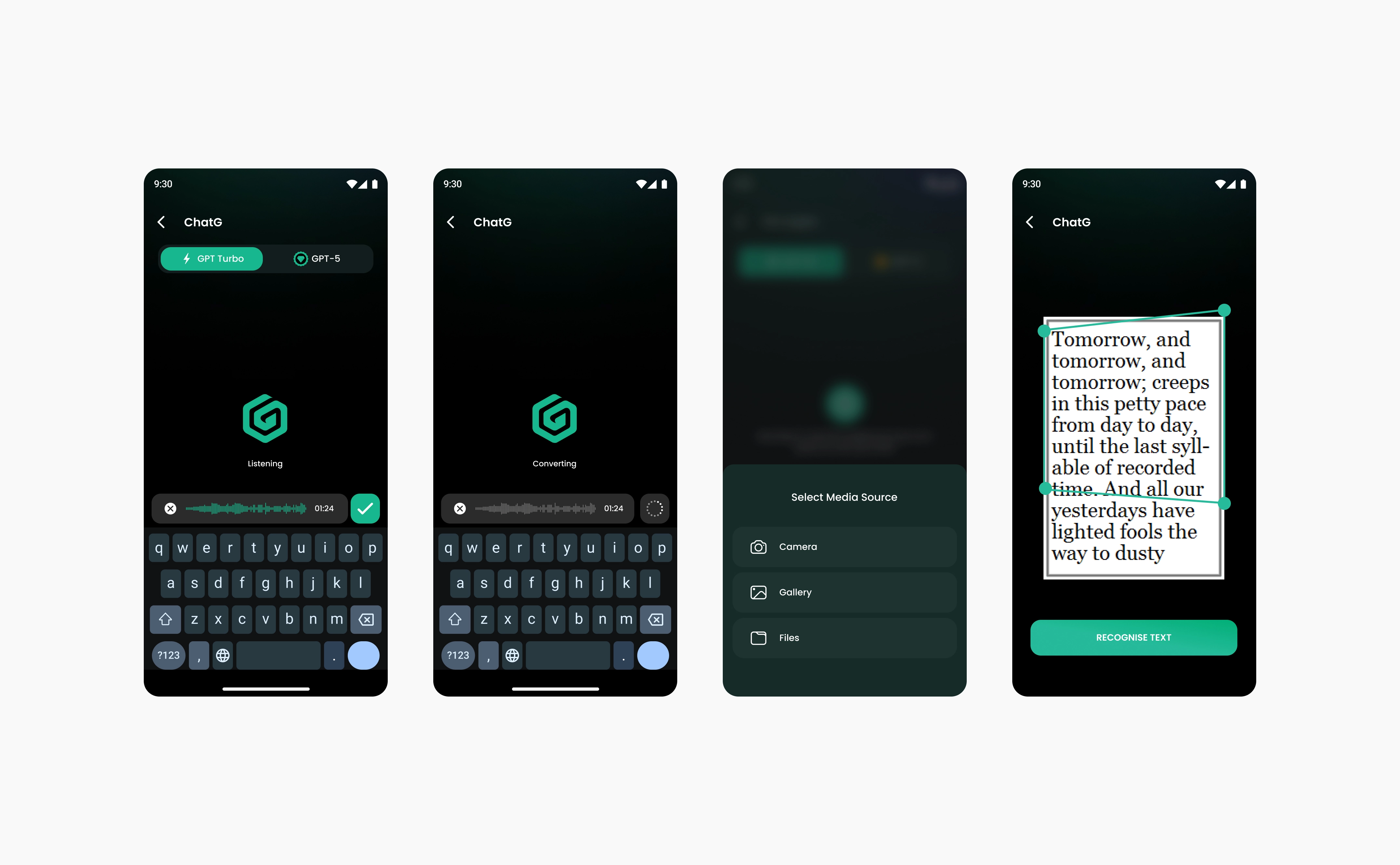 ChatG voice input listening and converting, the Select Media Source sheet with Camera, Gallery and Files, and the photo text recognition screen