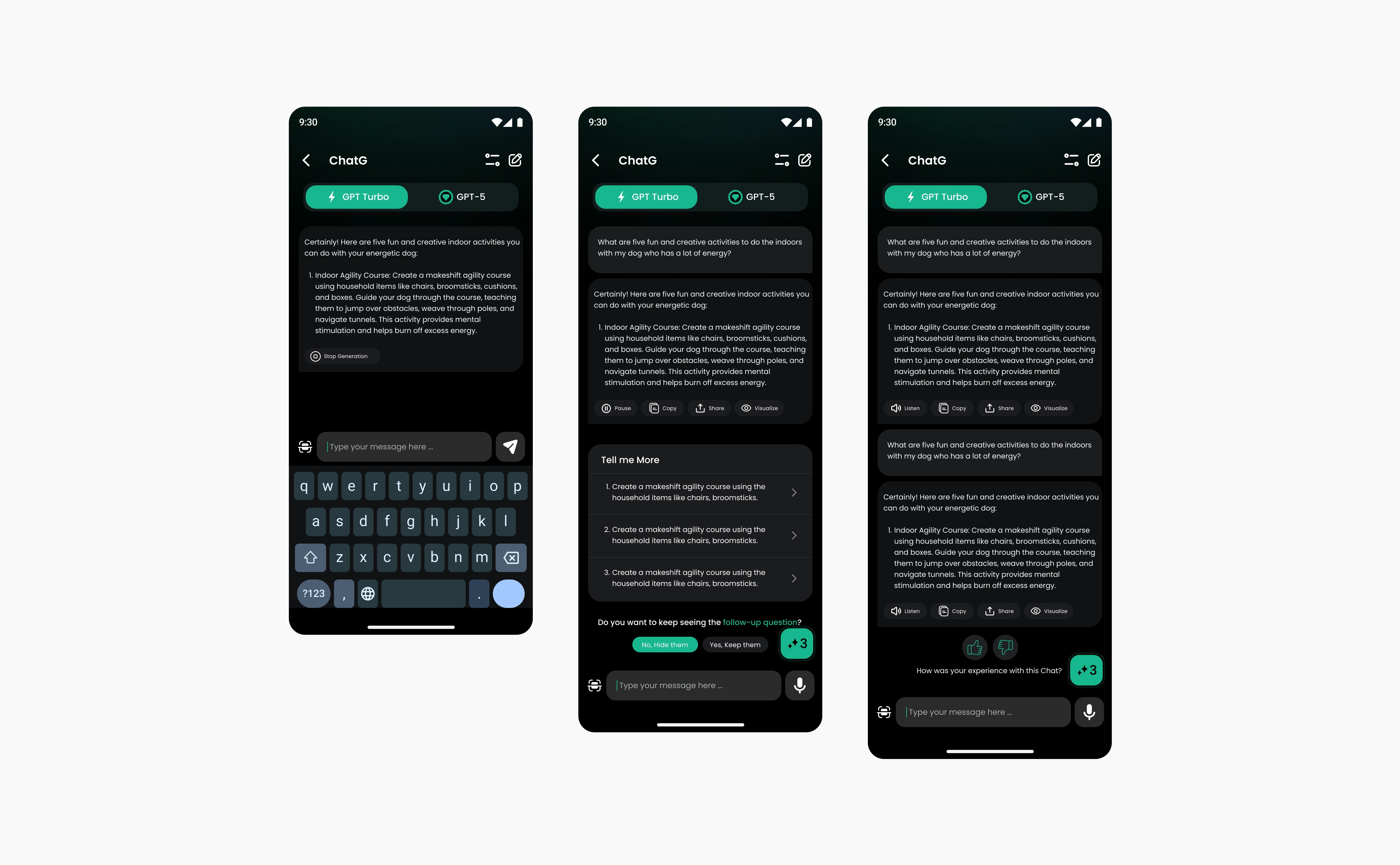 ChatG answer generating with a Stop Generation button, the Tell me More follow-up questions, and an answer with Listen, Copy, Share and Visualize actions and a feedback prompt