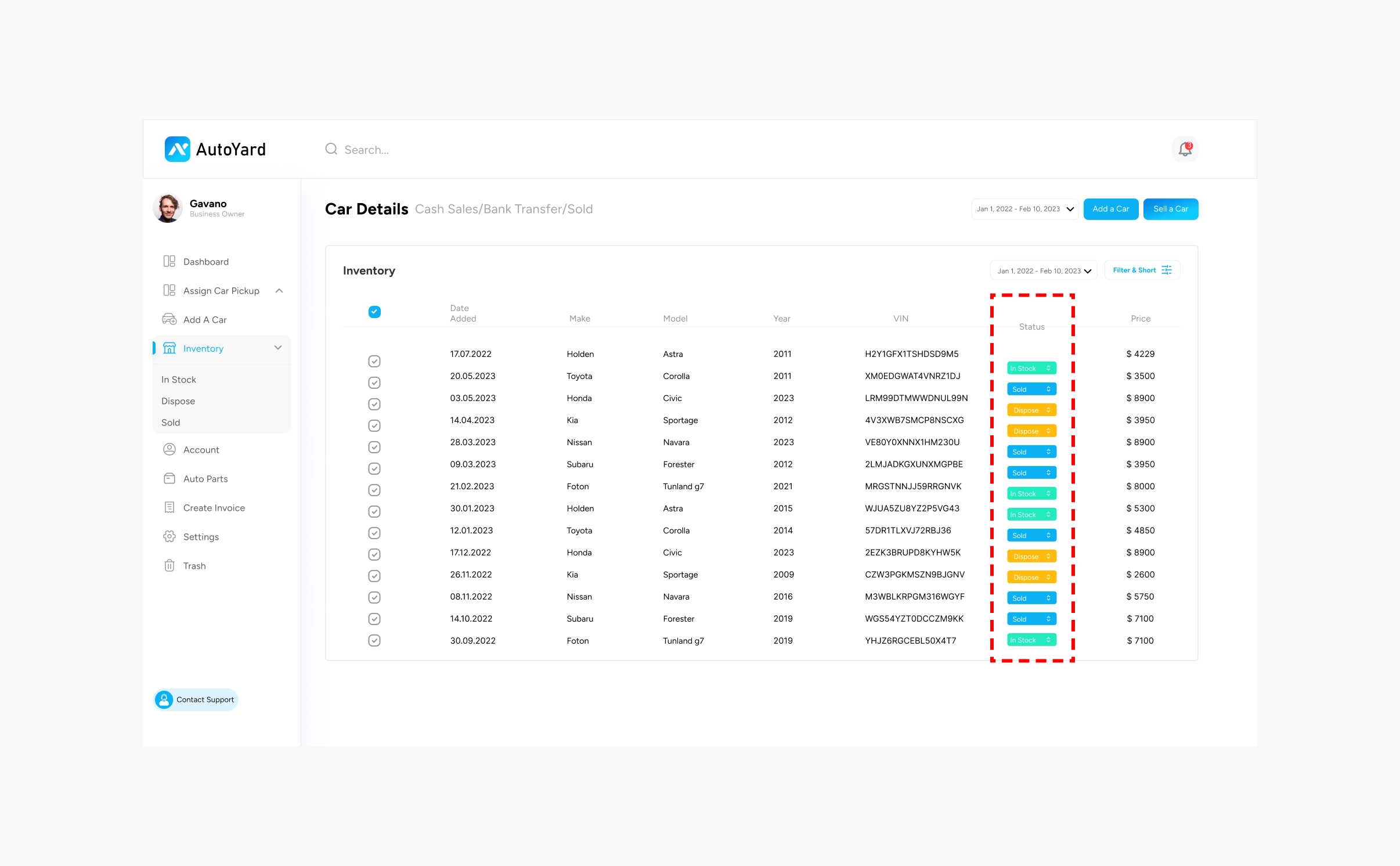 AutoYard Inventory list with the Status column outlined, colour-coded In Stock, Sold and Dispose dropdowns