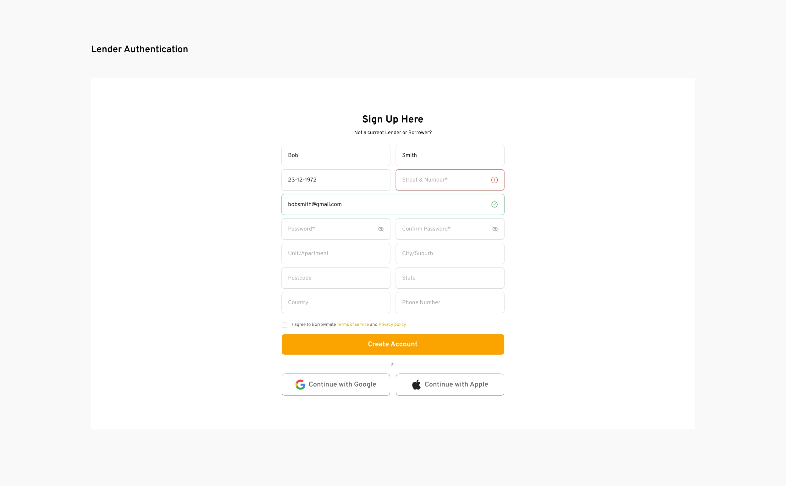 Lender Authentication, the Sign Up Here form with name, address, email and password fields, Create Account, and Continue with Google or Apple