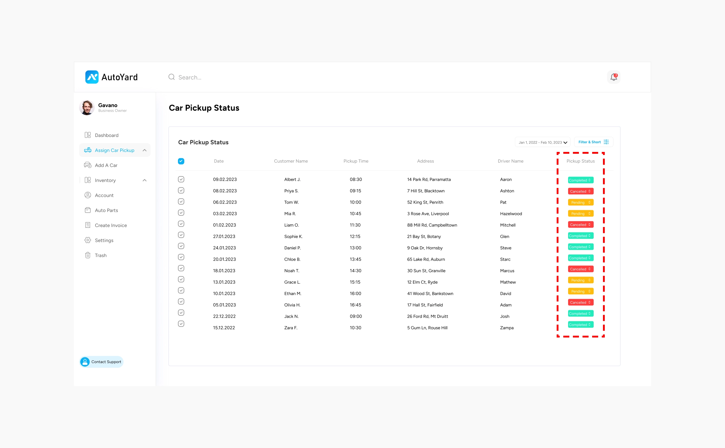 AutoYard Car Pickup Status list with the Pickup Status column outlined, colour-coded Completed, Cancelled and Pending badges