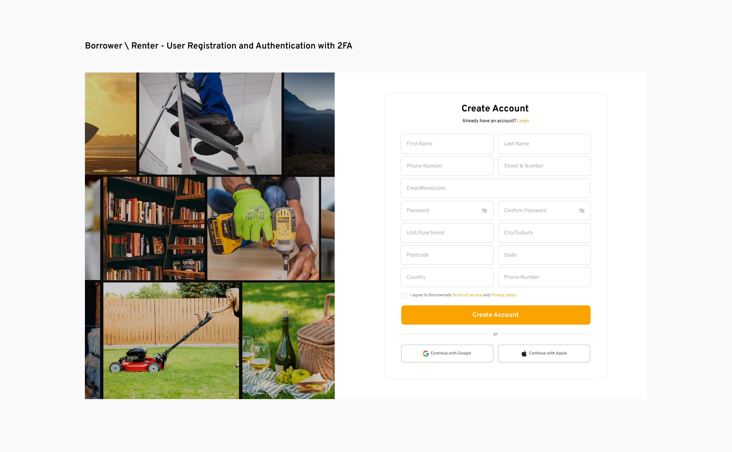 Borrower and Renter user registration and authentication with 2FA, the Create Account form next to a photo collage of rental items