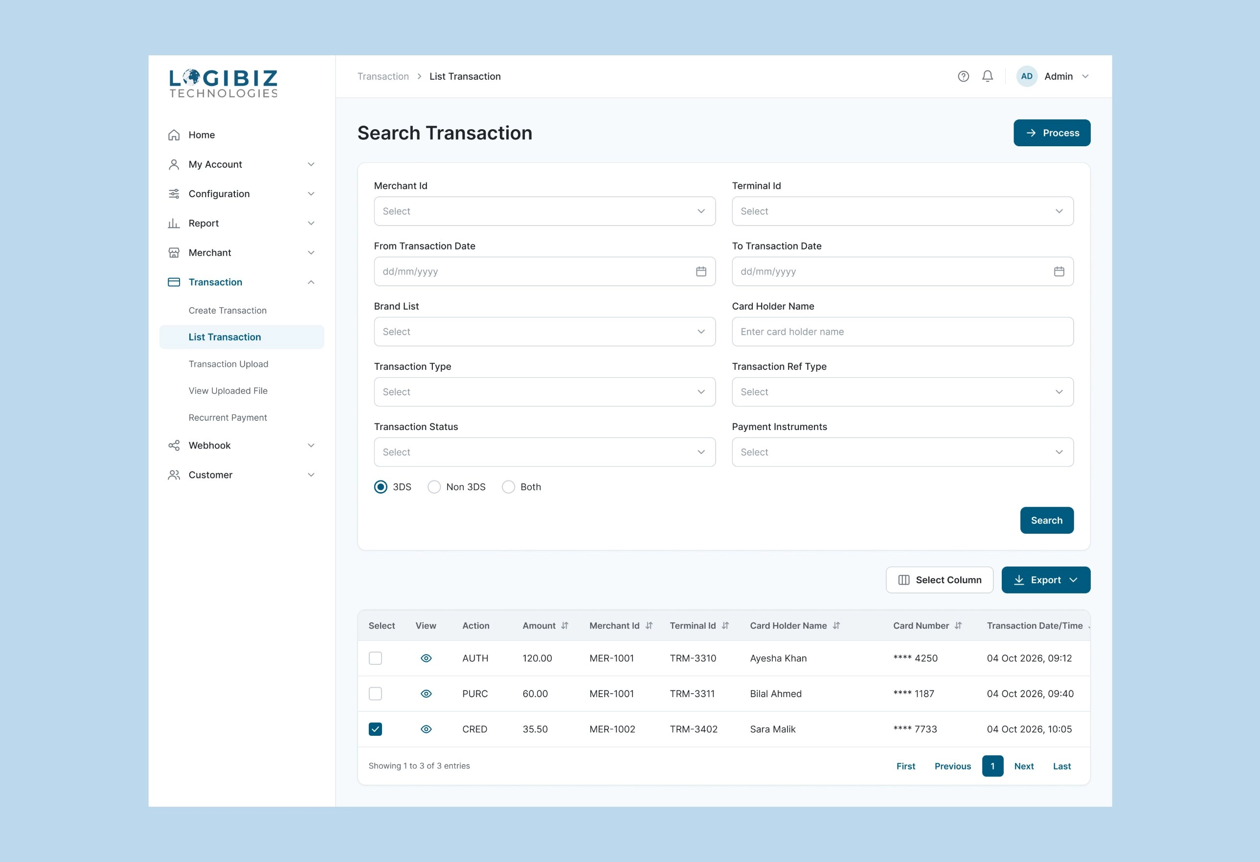 Search Transaction page with merchant, terminal, date, brand, card holder, type and status filters, a 3DS, Non 3DS and Both switch, and a results table with masked card numbers and export