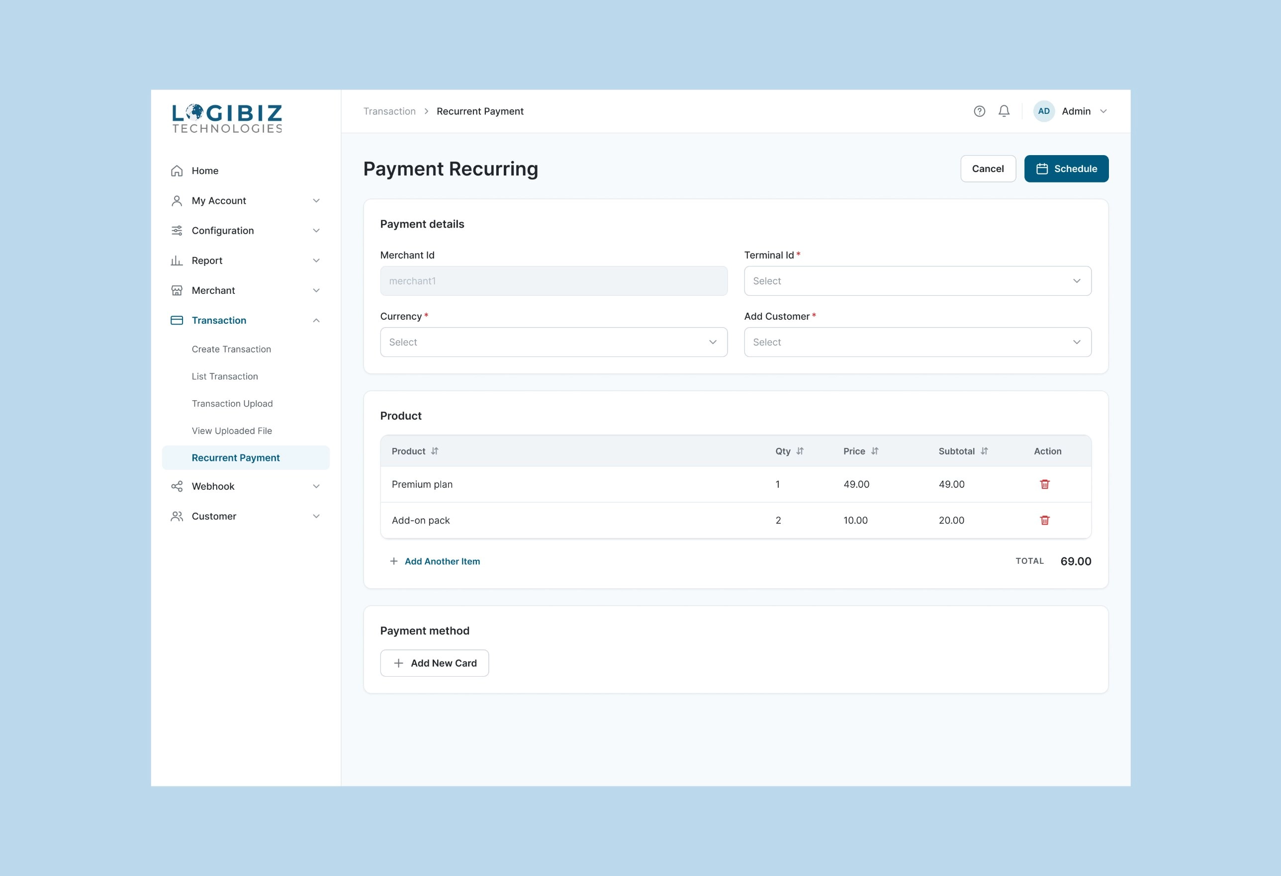 Payment Recurring page with payment details, a product table with quantity, price, subtotal and total, and a payment method section
