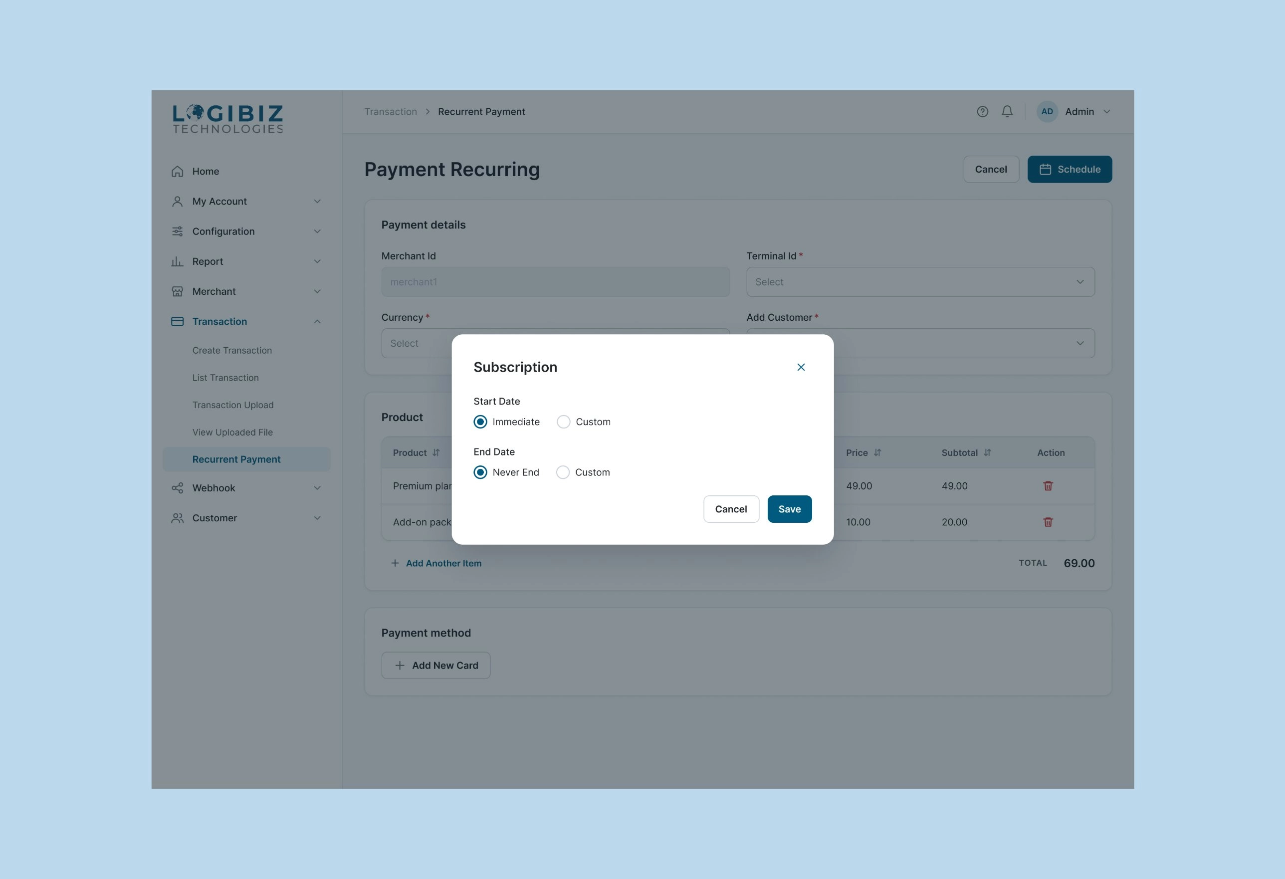 Subscription dialog over the Payment Recurring page, with Immediate or Custom start date and Never End or Custom end date