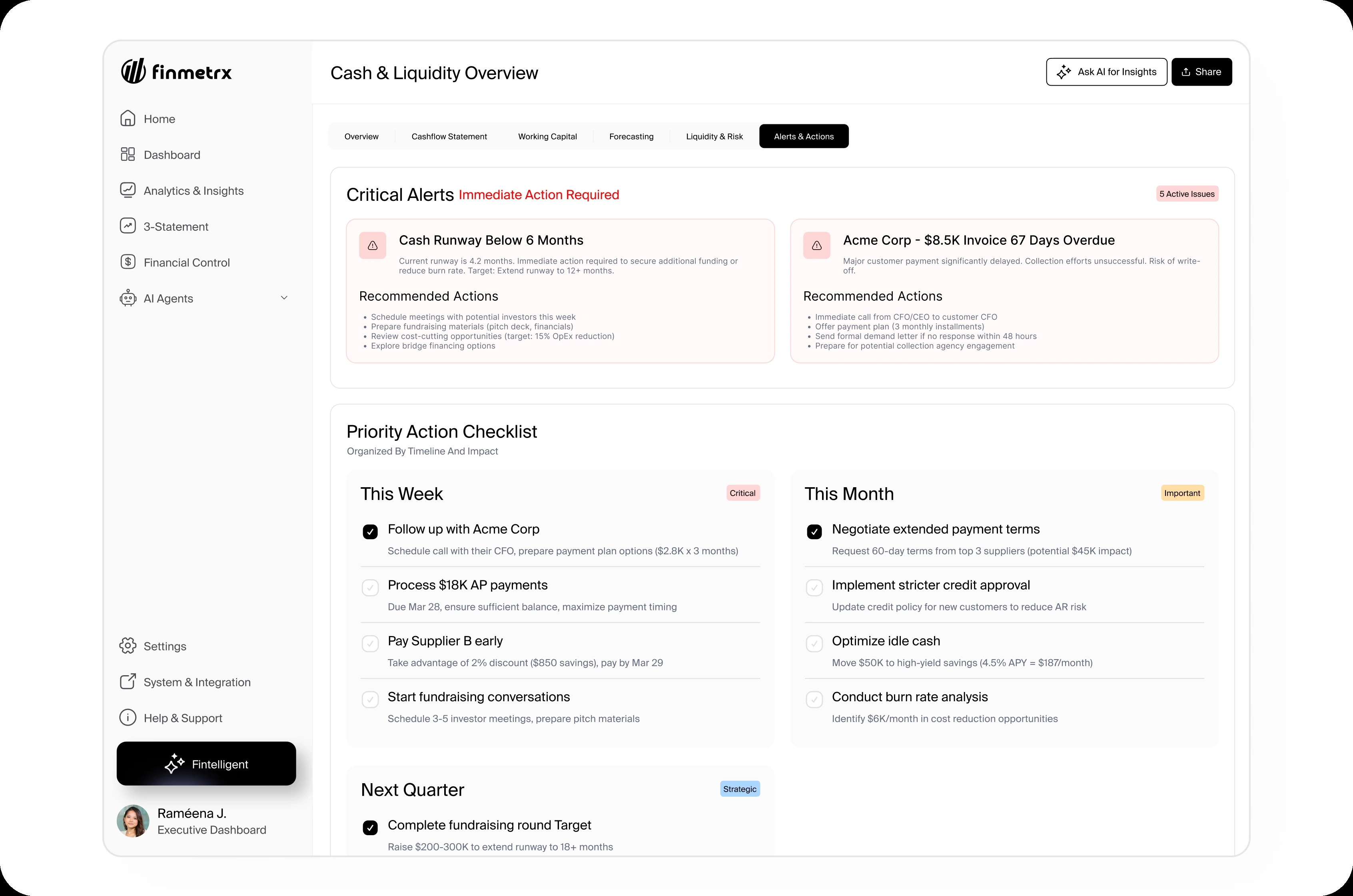 Critical alerts and a priority action checklist showing each alert's impact and recommended next step