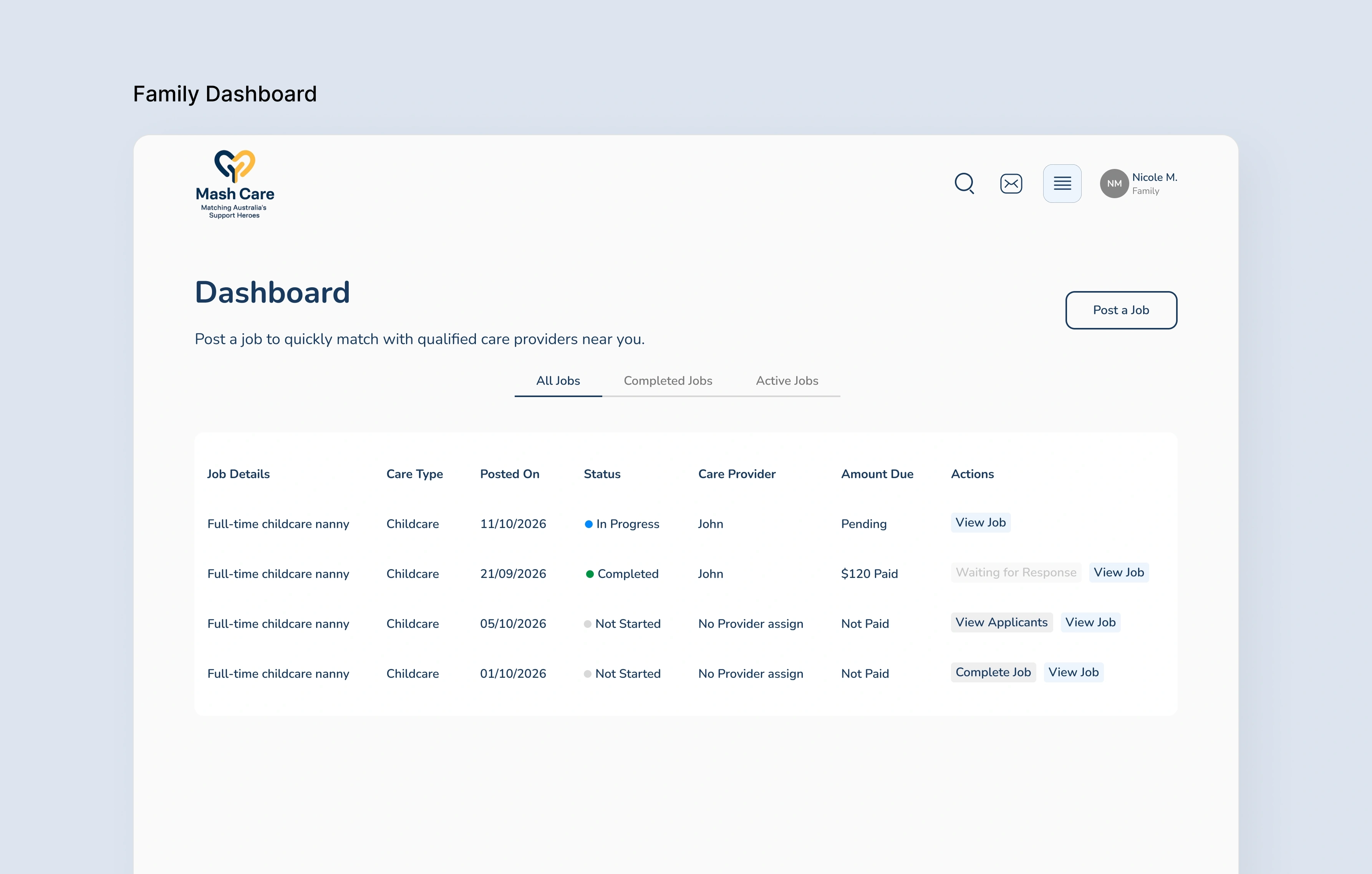 Family dashboard listing every posted job, its status, assigned care provider and amount due