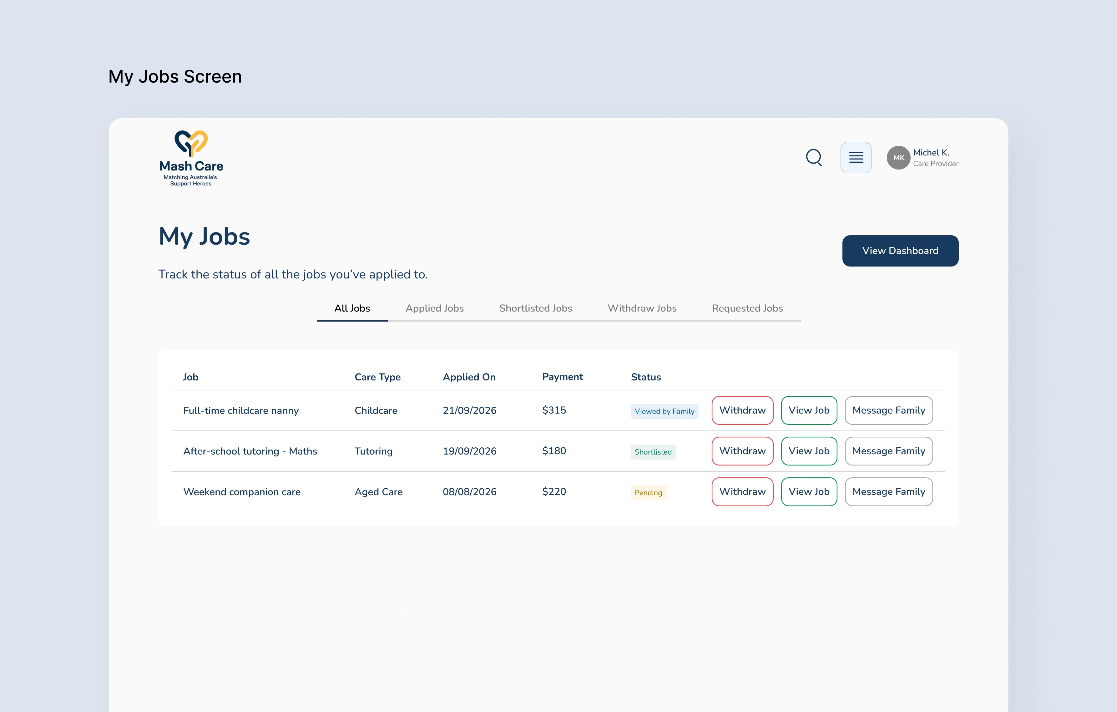 My Jobs screen tracking the status of every job a care provider has applied to