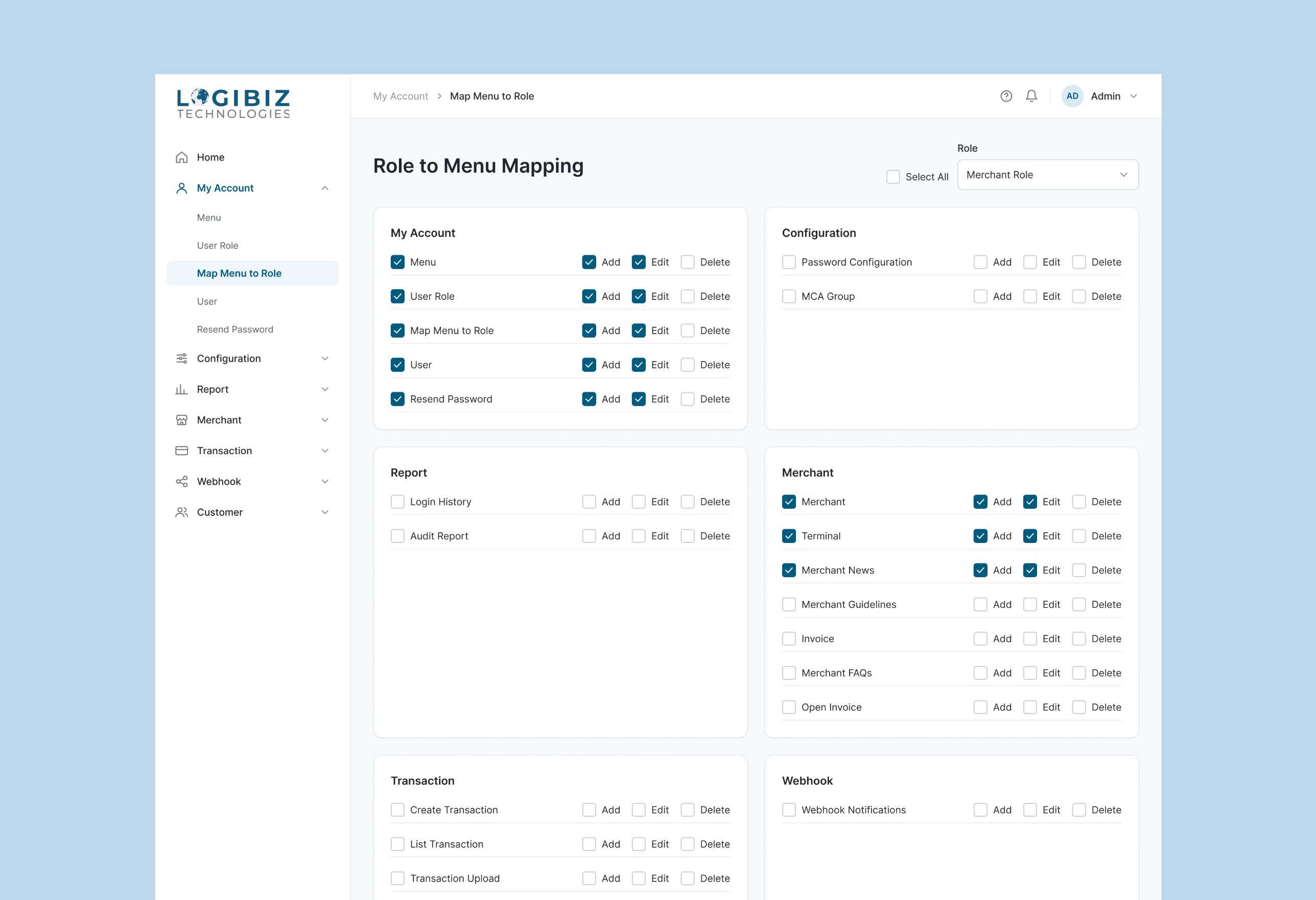 Role to Menu Mapping page with a role selector, Select all, and per-module cards ticking see, Add, Edit and Delete for each menu item