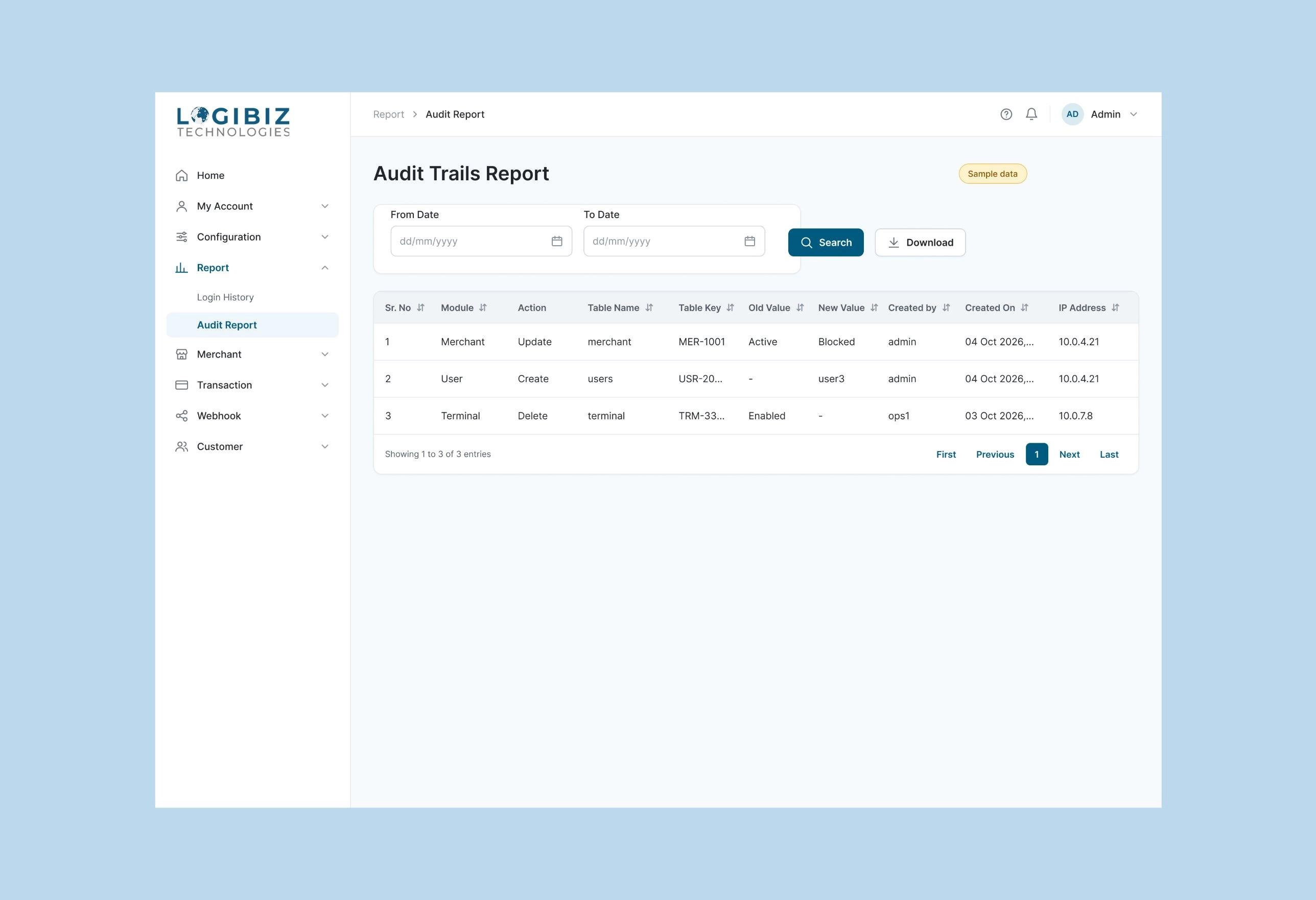 Audit Trails Report with a date range search, download, and a table of module, action, table name, old and new value, created by, created on and IP address