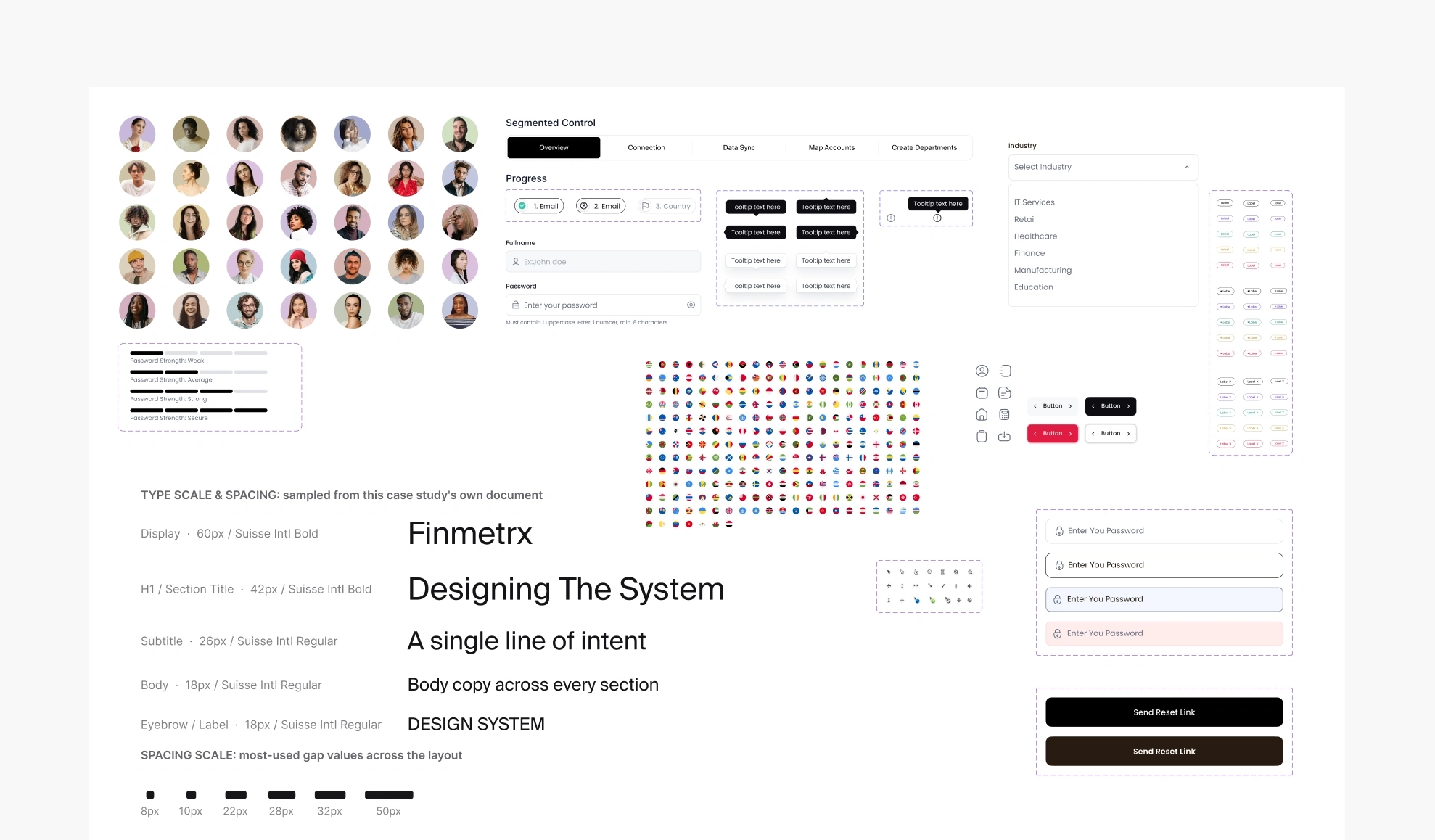 Finmetrx design system -- UI component kit and the type scale and spacing values used throughout the product
