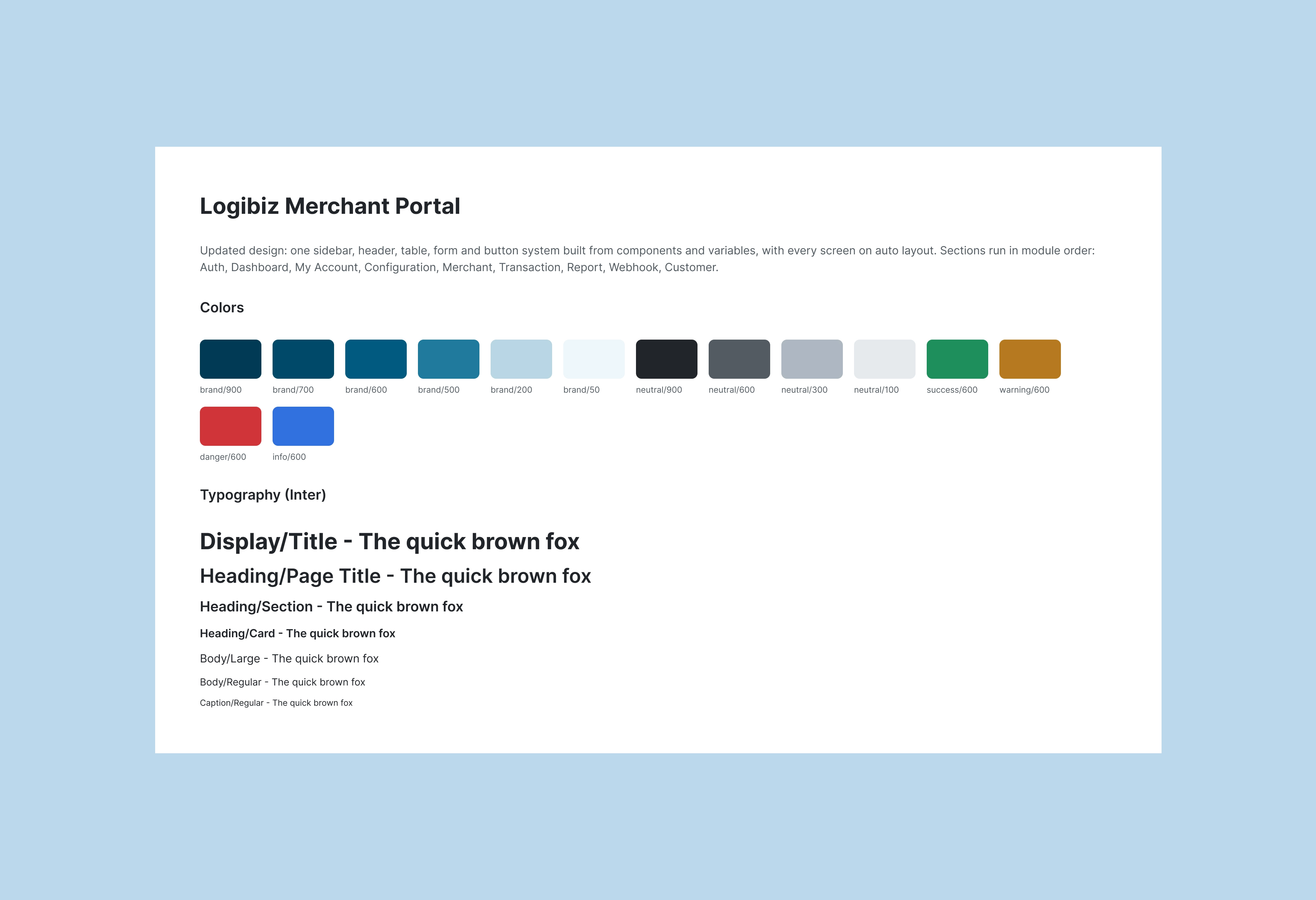 Logibiz Merchant Portal foundations: the brand, neutral and semantic colour tokens and the seven Inter text styles