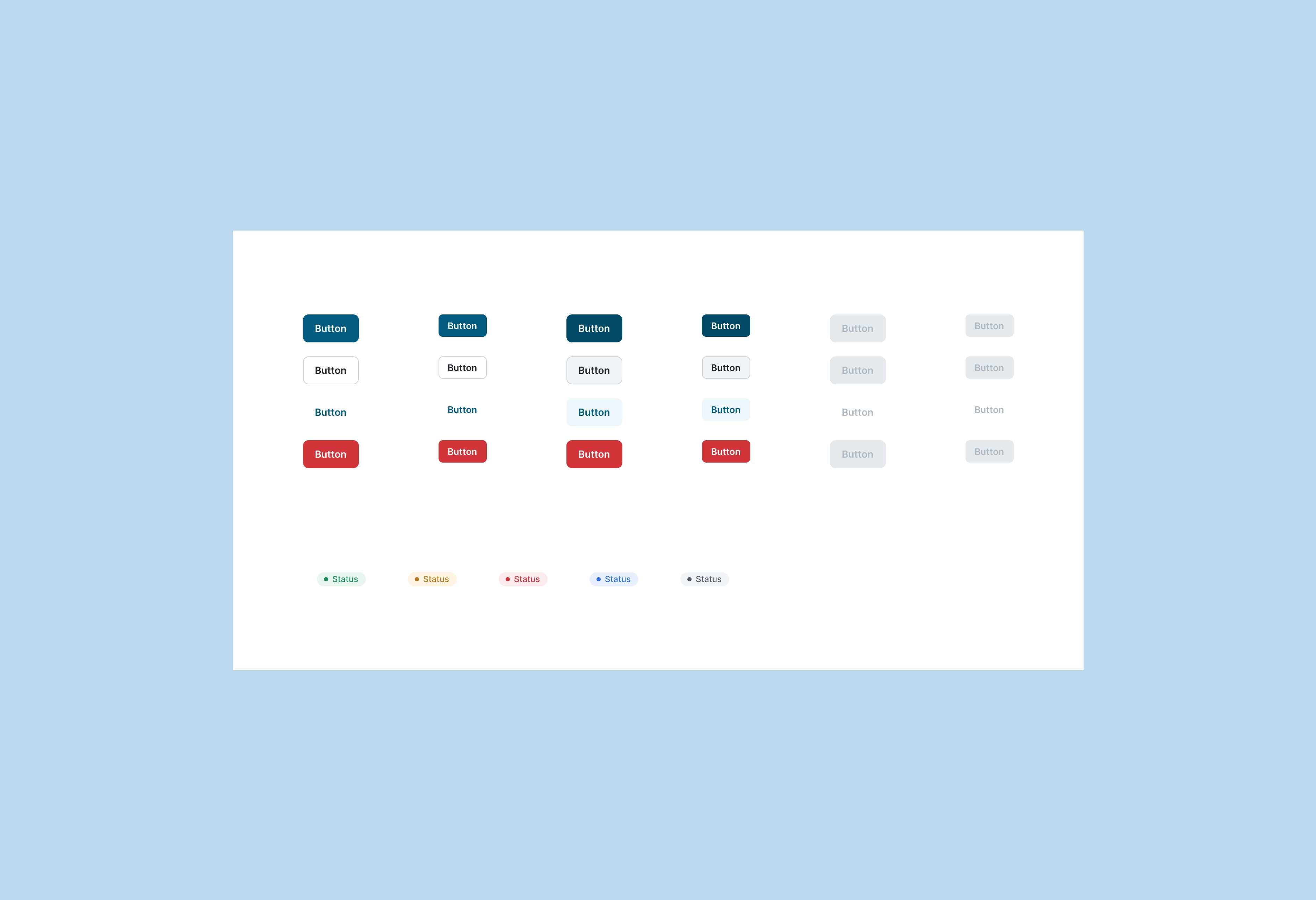 Button components in primary, secondary, ghost and danger across every state, with the five status badges
