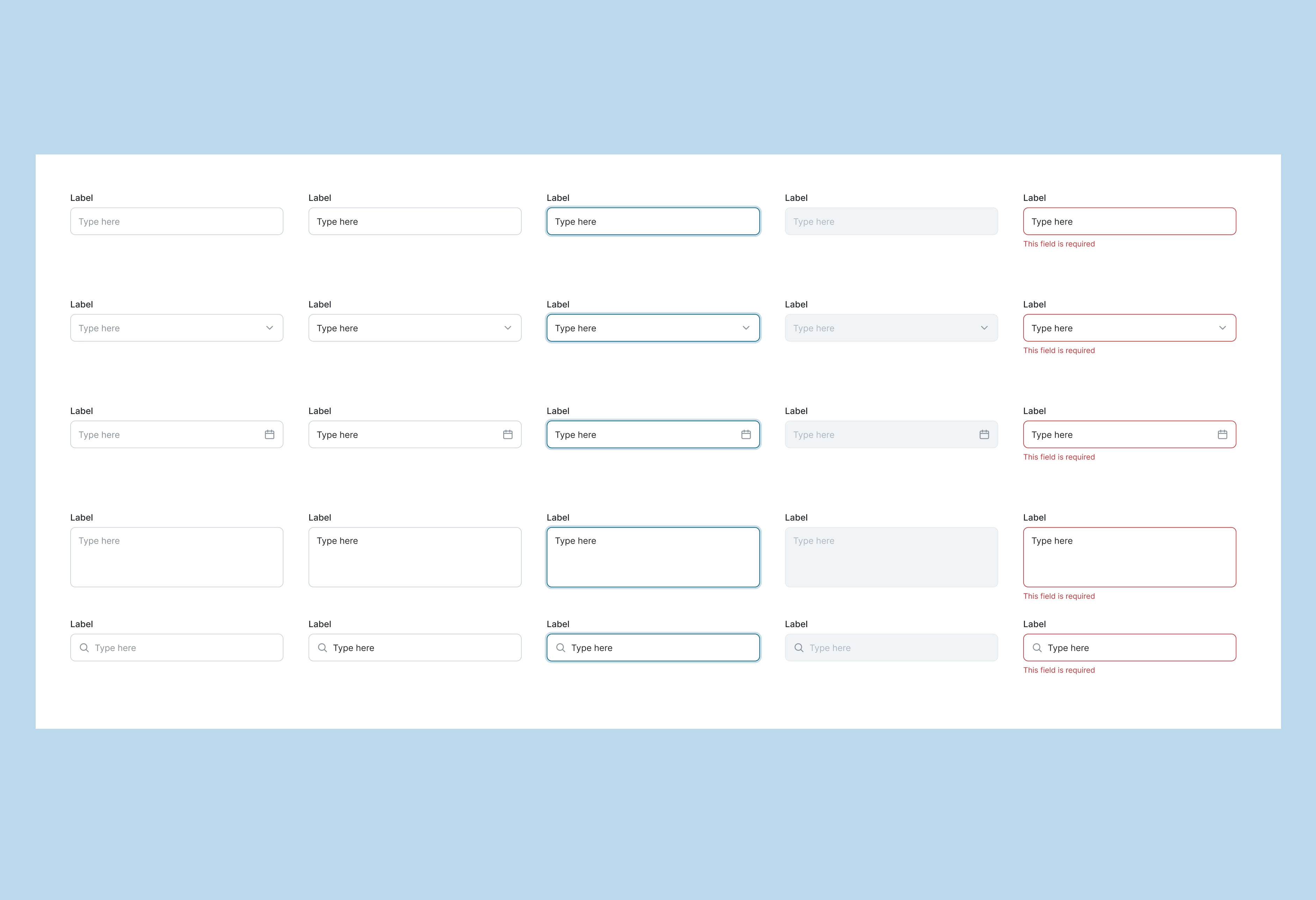 Input components in default, filled, focus, disabled and error states, including select, date, textarea and search fields