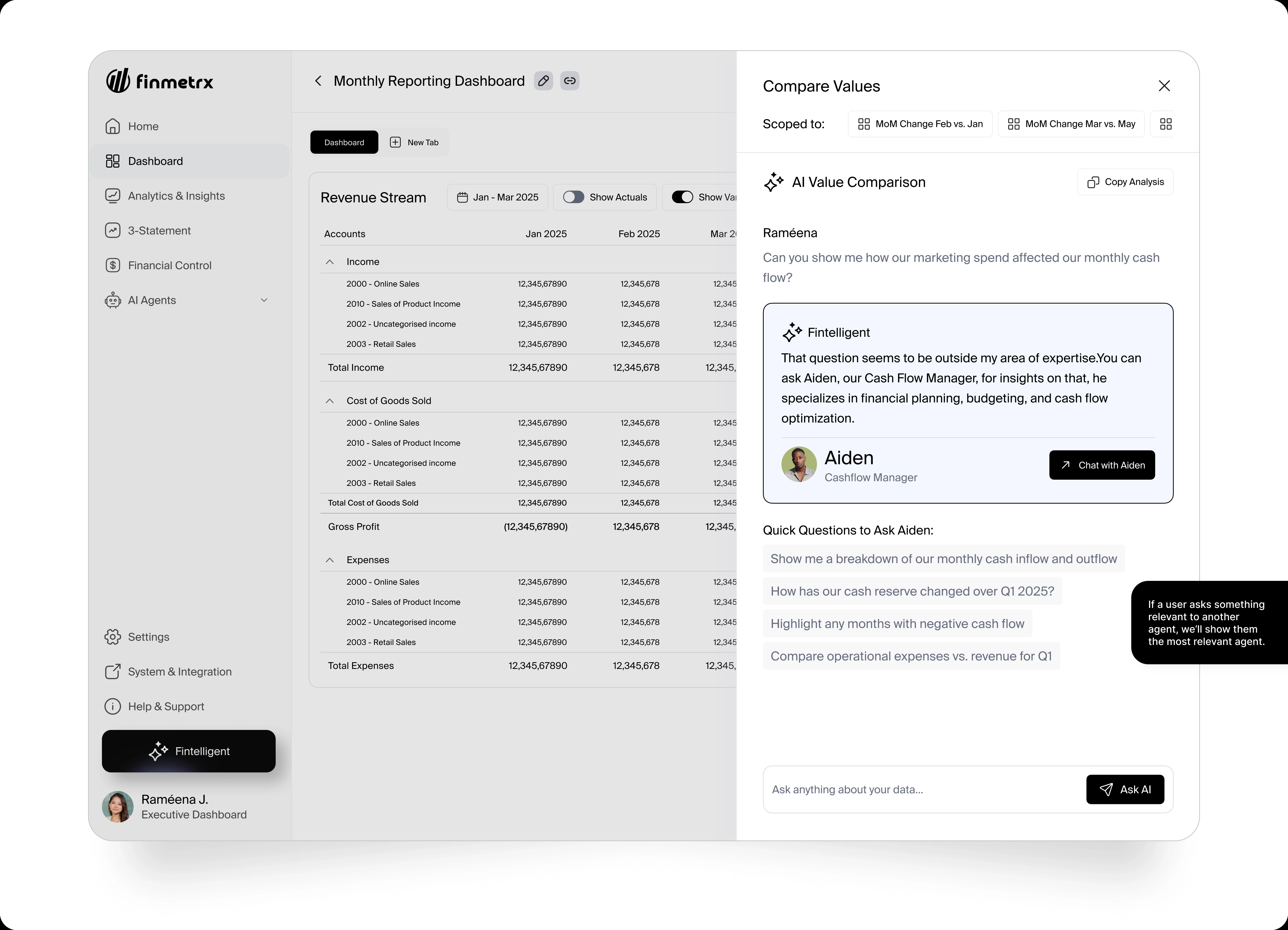 Compare Values panel showing Fintelligent routing a cash-flow question to Aiden, the Cashflow Manager agent