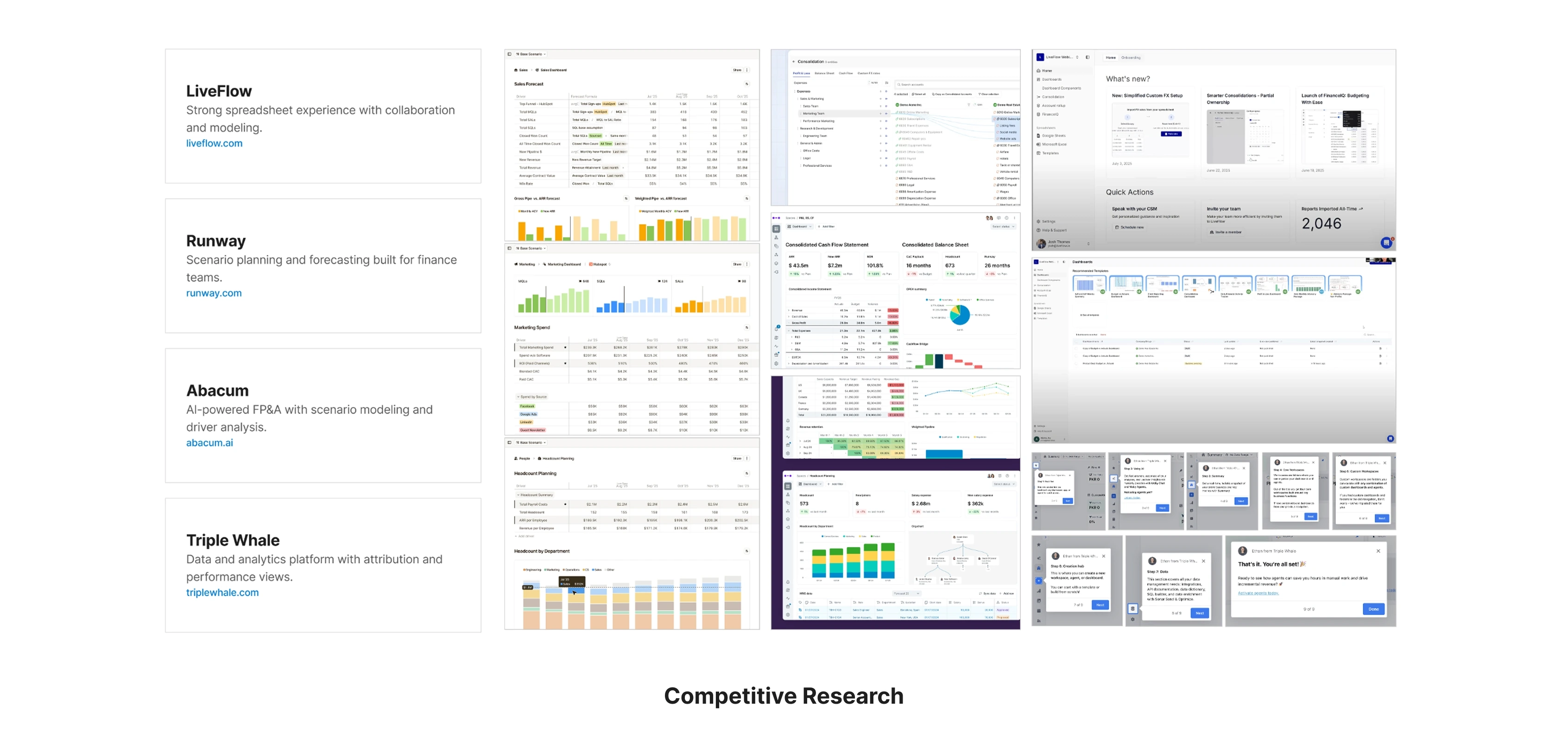 Competitive research comparing Finmetrx against LiveFlow, Runway, Abacum and Triple Whale