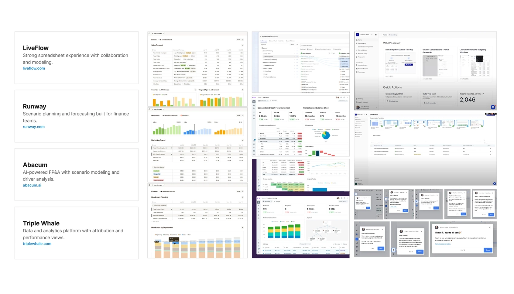 Competitor landscape -- LiveFlow, Runway, Abacum and Triple Whale positioned against Finmetrx dashboard, consolidation, headcount planning and onboarding screens
