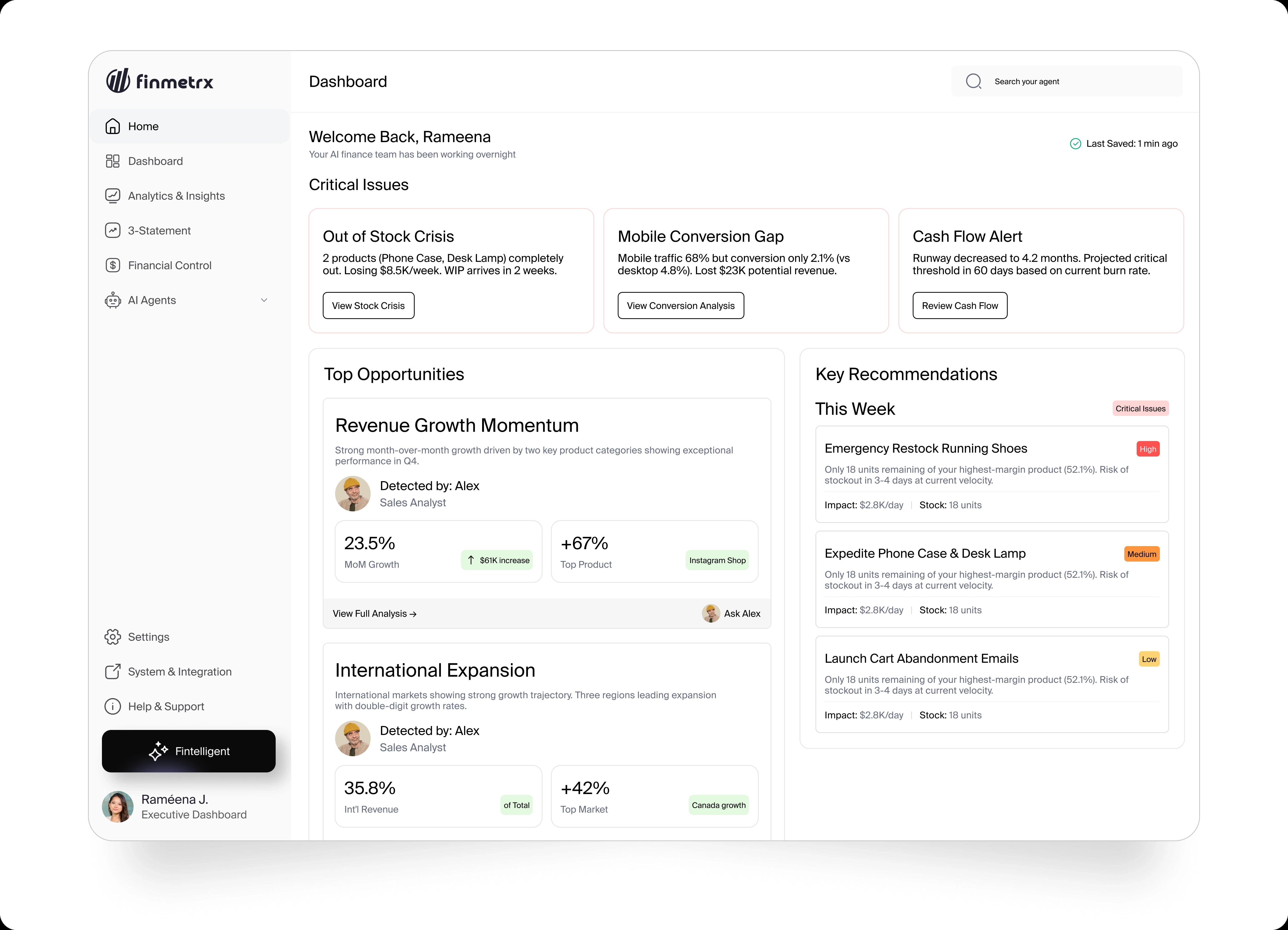 Dashboard highlighting critical issues, top opportunities and key recommendations for the week