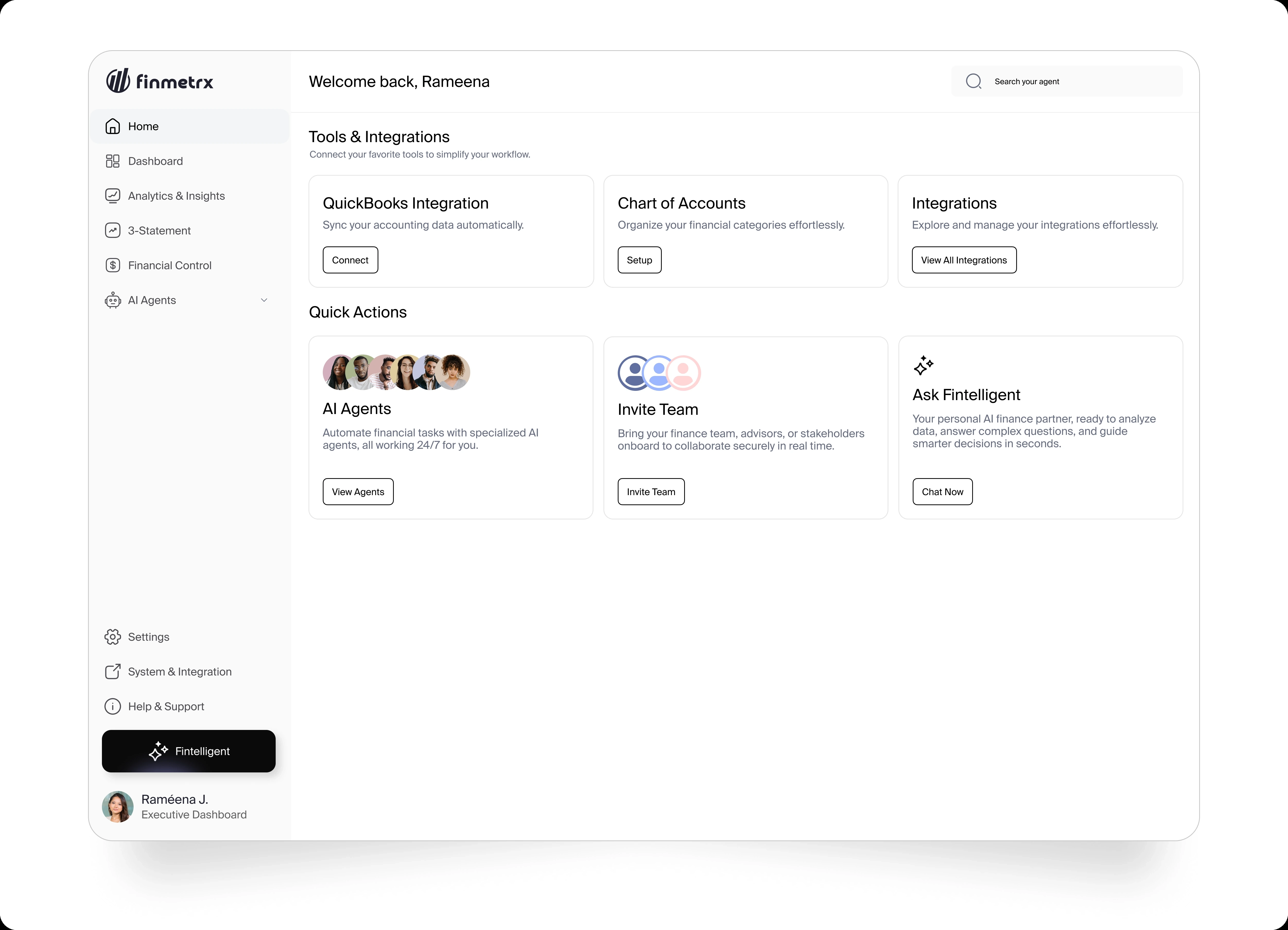 Home screen with tools and integrations and quick actions including Ask Fintelligent